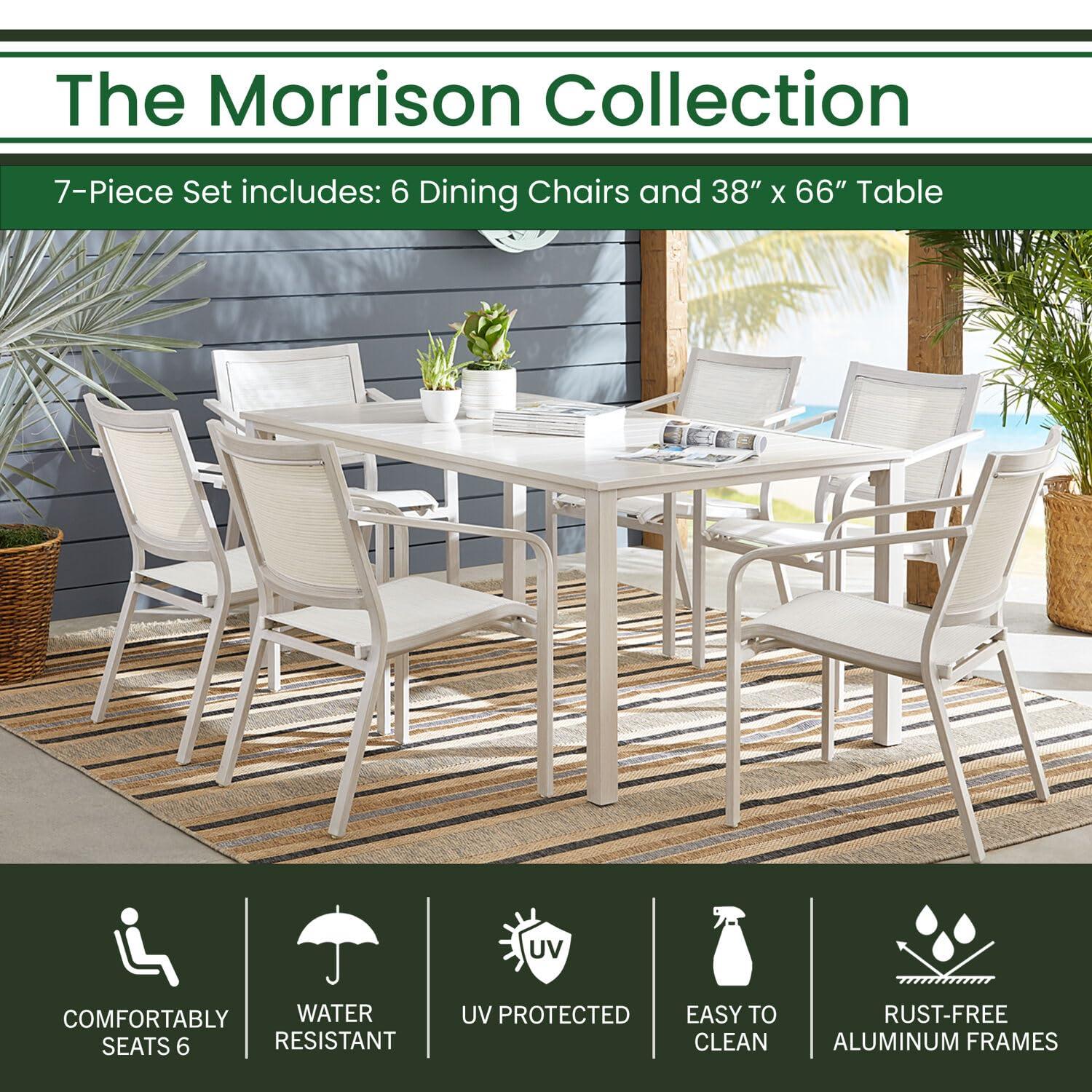 Hanover Morrison 7-Piece Outdoor Costal Dining Set with 6 Aluminum Sling Chairs and Slat Top 66" x 38" Table, Rust-Resistant - MORDN7PC-WHT