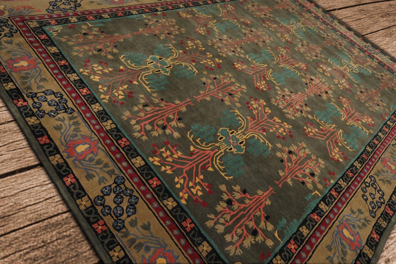 Handmade Gray and Green Wool Oriental 9' x 12' Area Rug