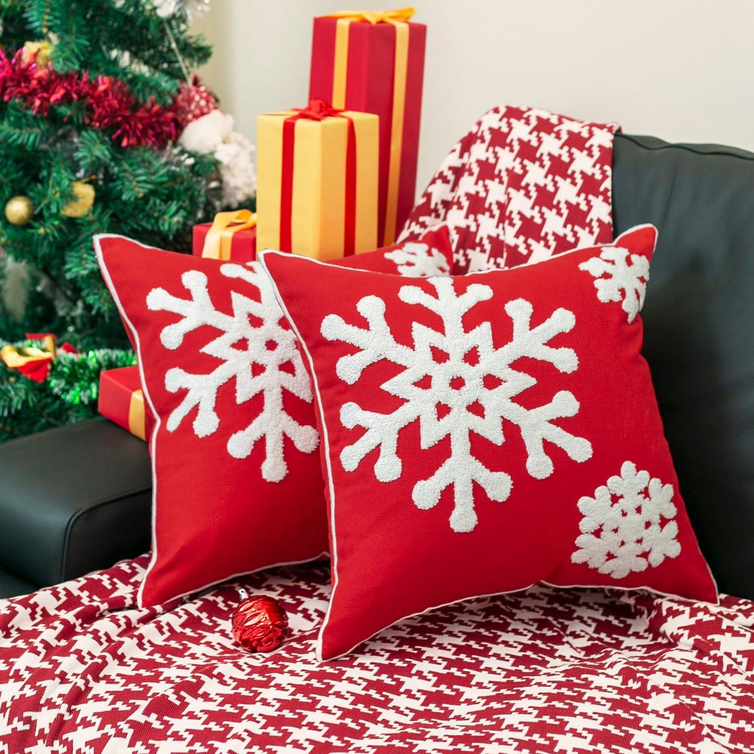 Red Cotton Embroidered Snowflake Euro Pillowcase Pair