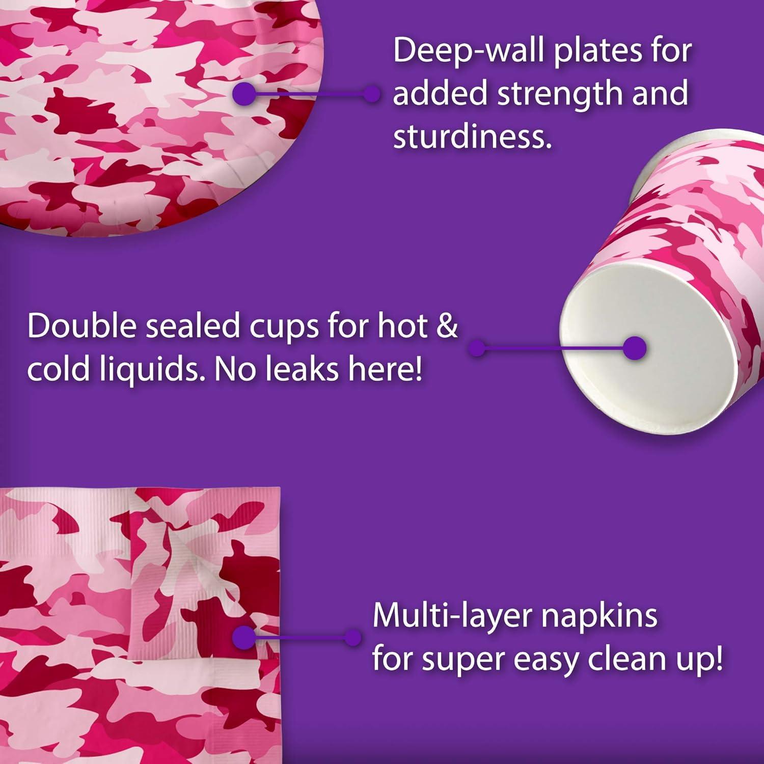 Pink Camo Birthday Party Supplies Set Plates Napkins Cups Tableware Kit for 16