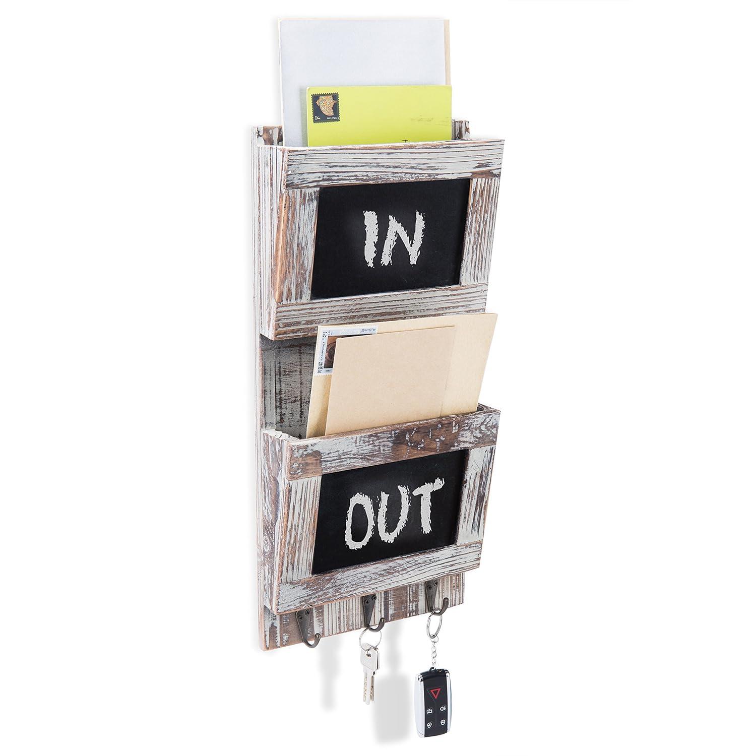 MyGift Rustic Wood Wall-Mounted 2-Slot Mail Sorter Organizer with Chalkboard Surface and 3 Key Hook Rack
