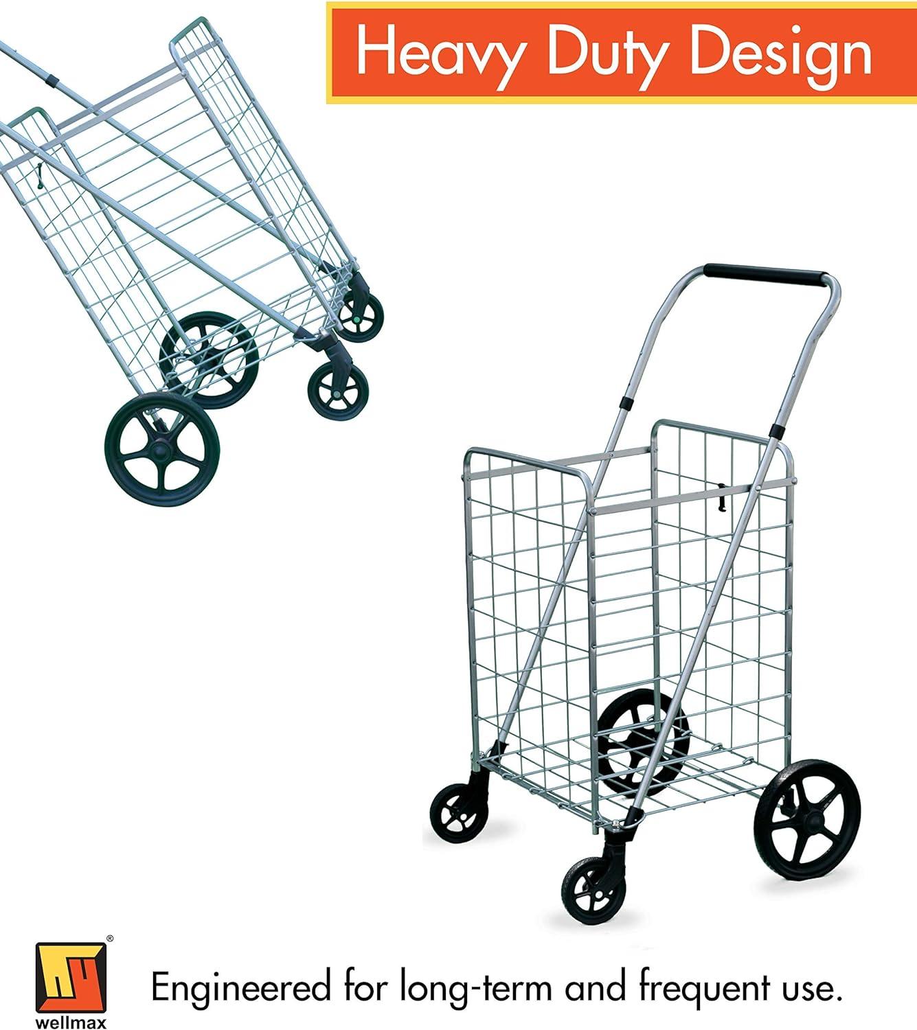 Wellmax Grocery Shopping Cart with Swivel Wheels, Foldable and Collapsible Utility Cart with Adjustable Height Handle, Heavy Duty Light Weight Trolley