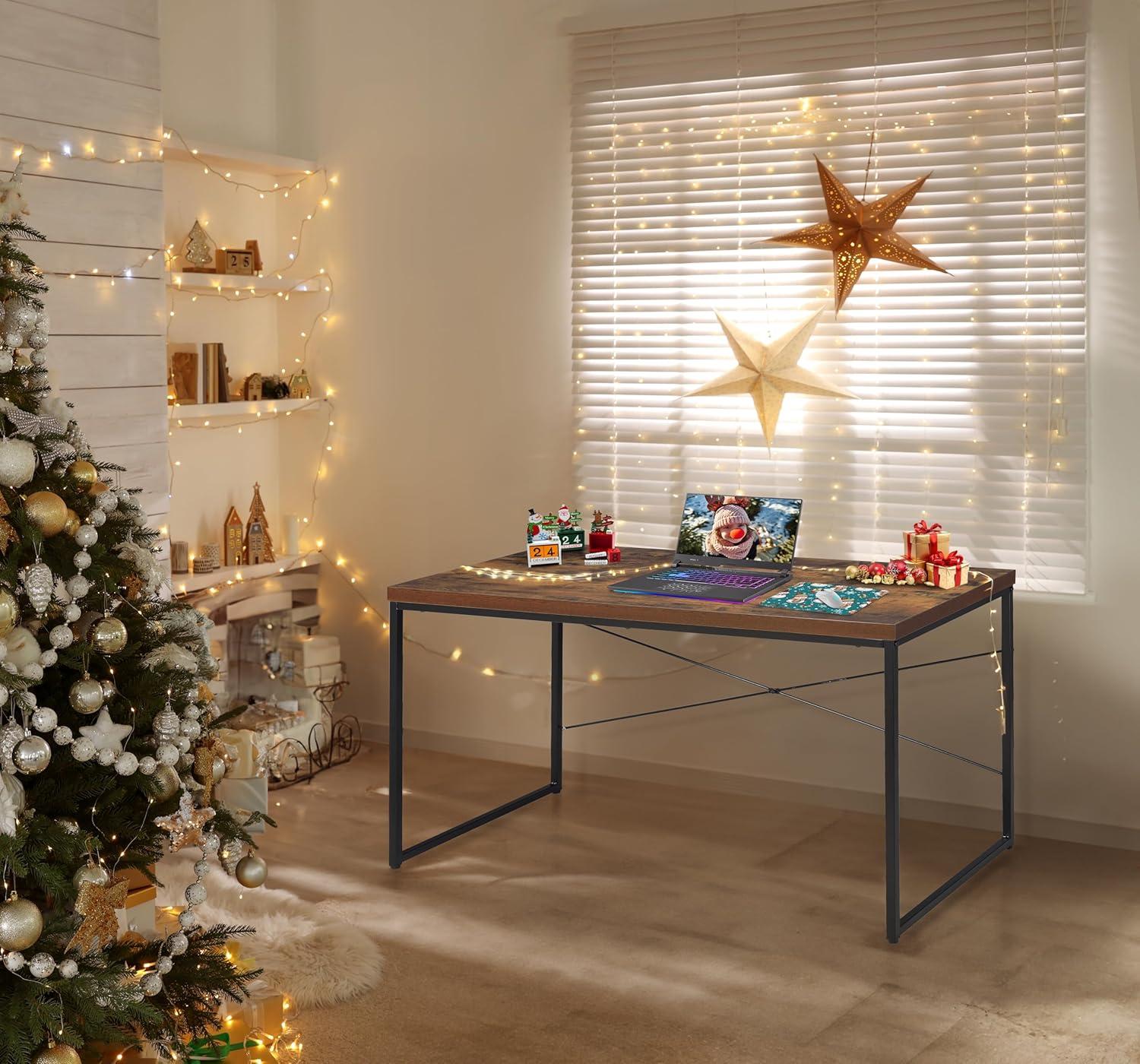 Rectangular Wooden Desk With Metal Base, Weathered Oak Brown And Black- Saltoro Sherpi