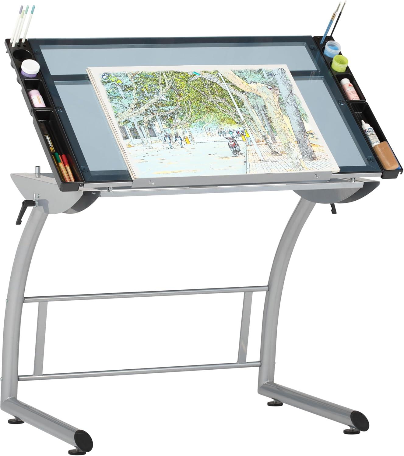 Inbox Zero Cournoyer Glass Top Metal Base Drafting Table