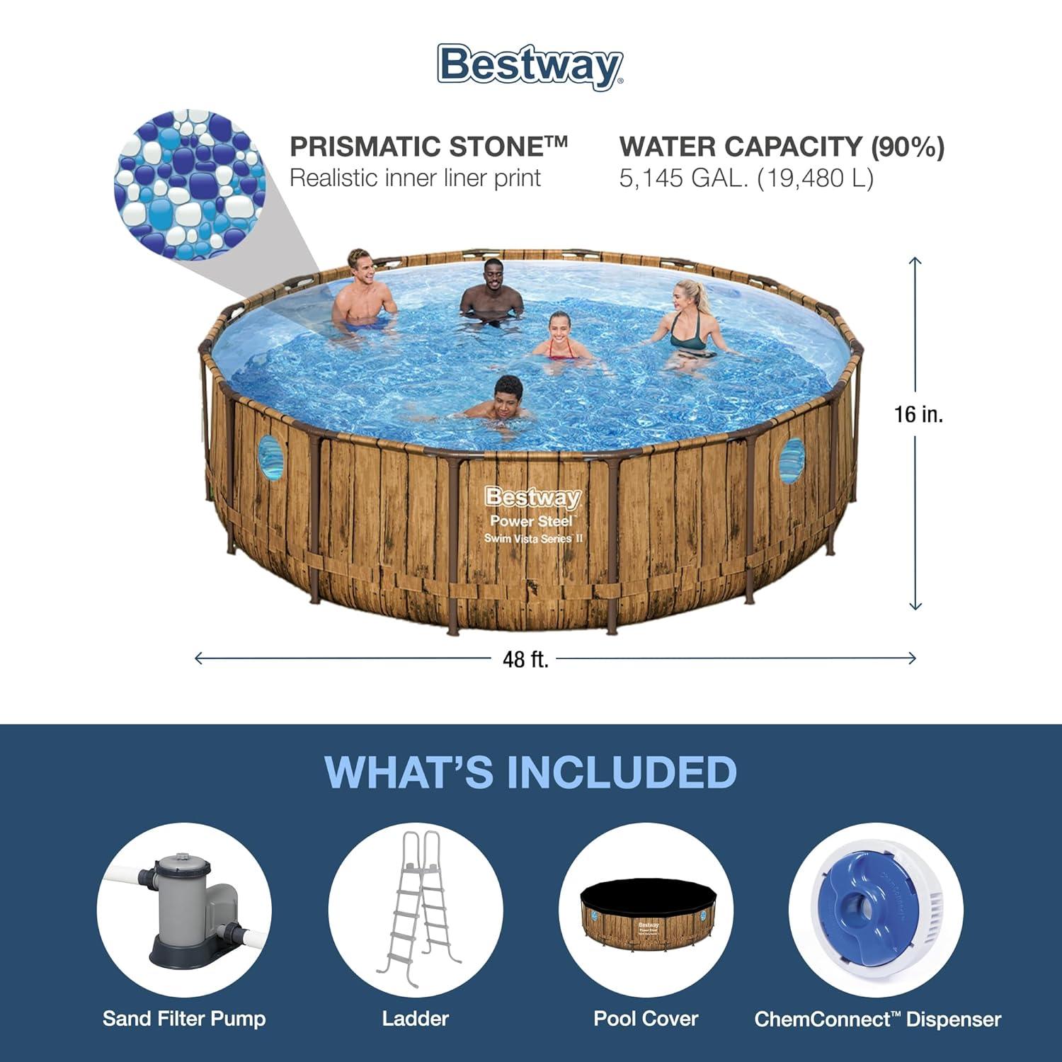 Bestway 16-ft x 16-ft x 48-in Metal frame Round Above-Ground Pool with Filter Pump with Ground Cloth with Pool Cover with Ladder
