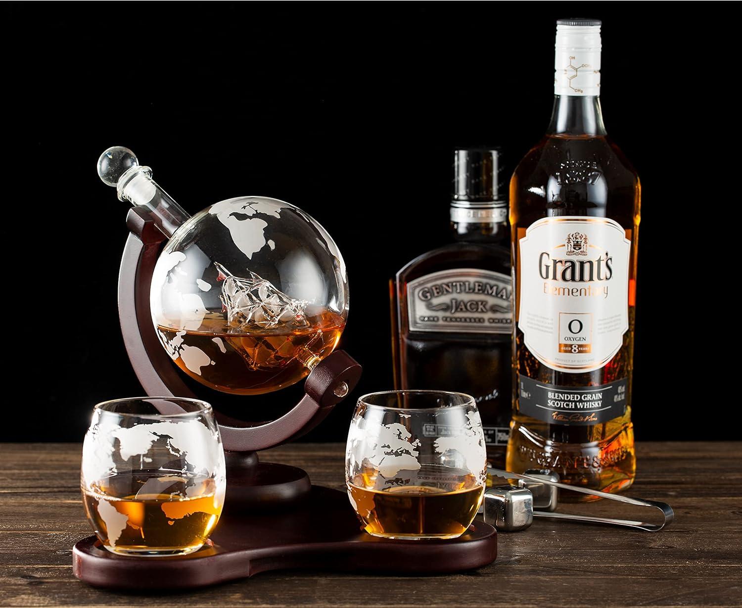 Verolux Whiskey Globe Decanter Set with 2 Etched Globe Glasses in Gift Box - Home Bar Accessories for Men and Women - Perfect Gift for Valentine's day, Wedding, Birthday, Father's day, Christmas