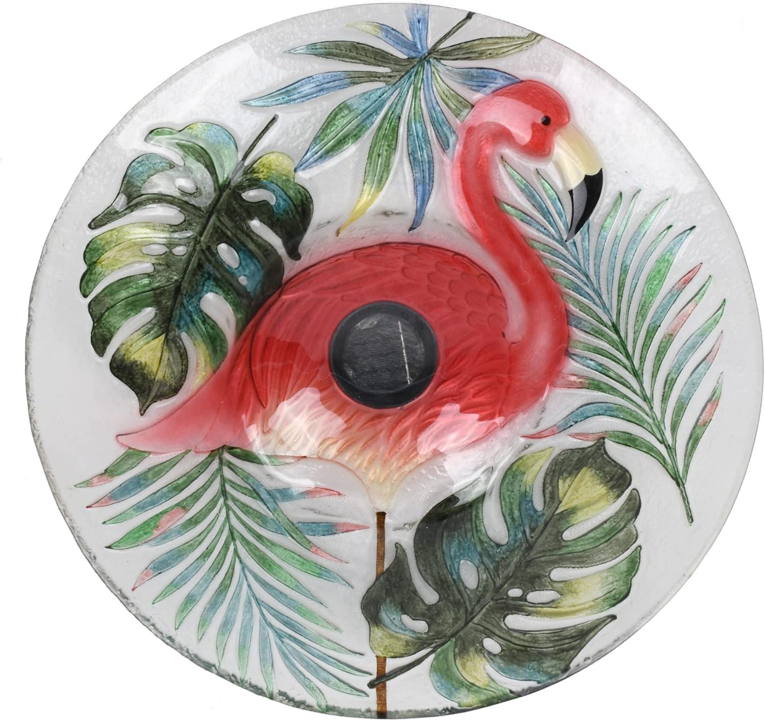 Hi-Line Gift Ltd. Solar LED Verdant Glass Bird Bath with Stand - Flamingo