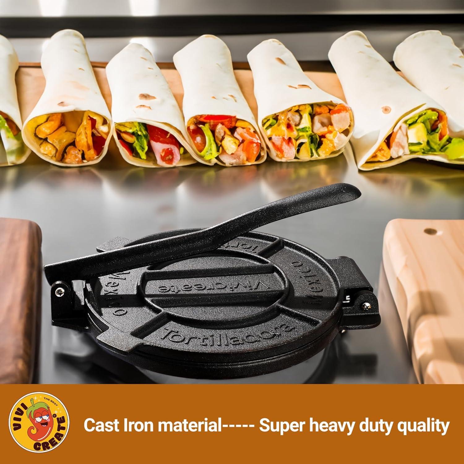 Chef Tacos Authentic Cast Iron Tortilla Press, 8 inch, Pre-Seasoned for a Flavorful, Fresh, Warm Corn or Flour Tortilla