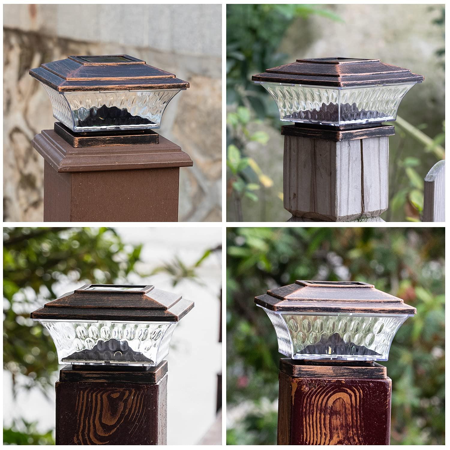 HUYIENO Solar Post Cap Lights Outdoor LED Lighting Deck Fence Cap Light Two Light Modes Warm White/Bright White Suitable for 4x4 Wooden Posts Brushed Copper 4PK
