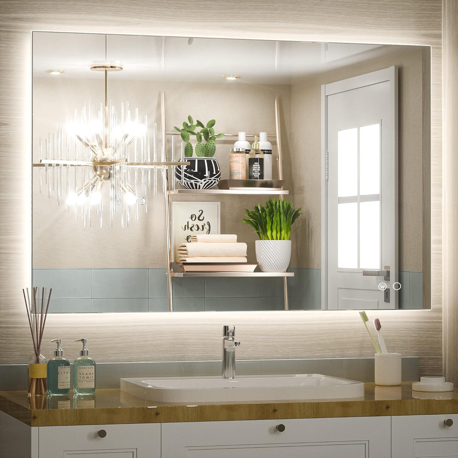 Keonjinn 40"x28" LED Backlit Mirror with Anti-Fog Dimmable Modern Rectangular Makeup Wall Mirror with Light, CRI90 Waterproof for Bathroom(Horizontal/Vertical)