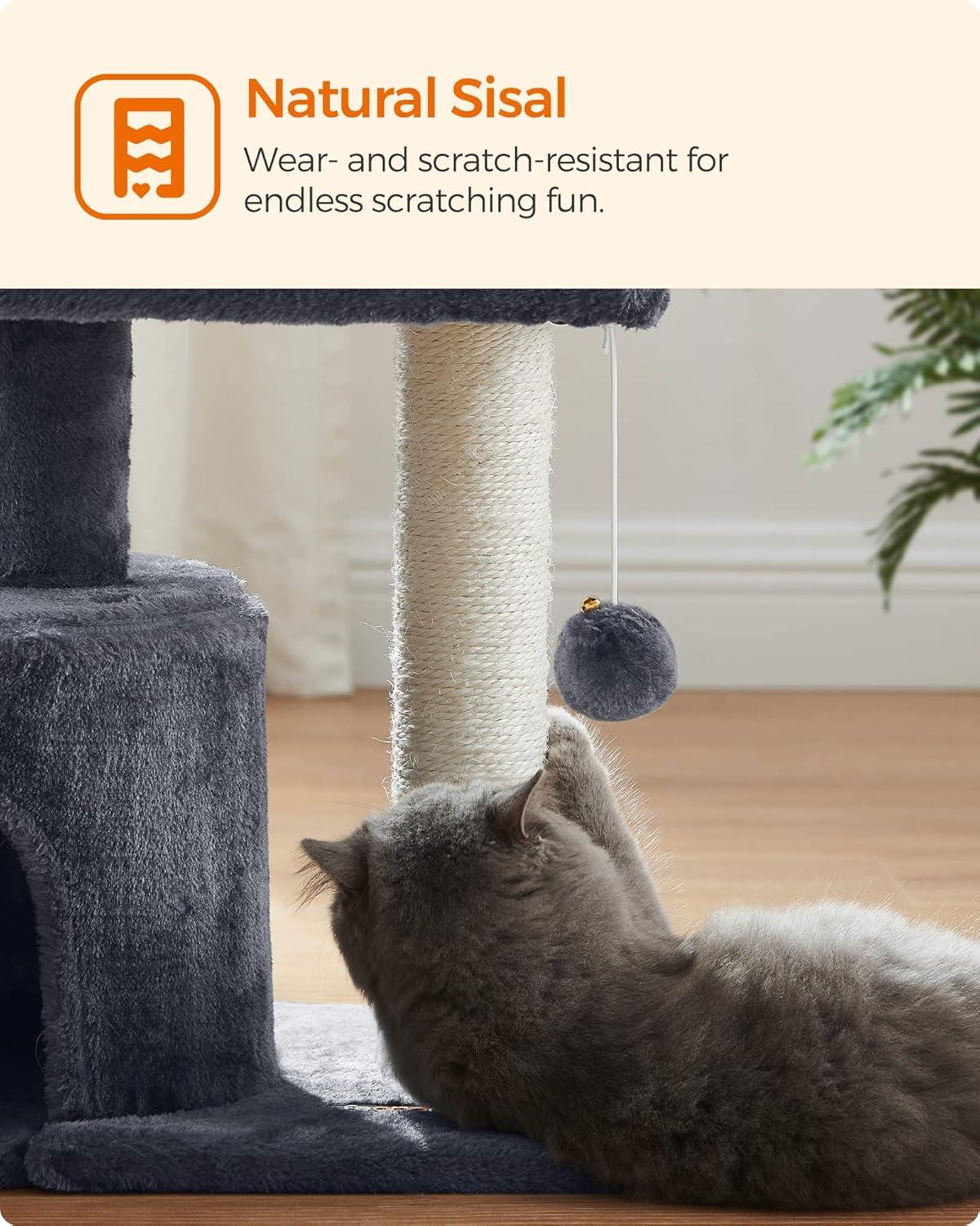 Smoky Gray Plush Cat Tree with Sisal Scratching Post