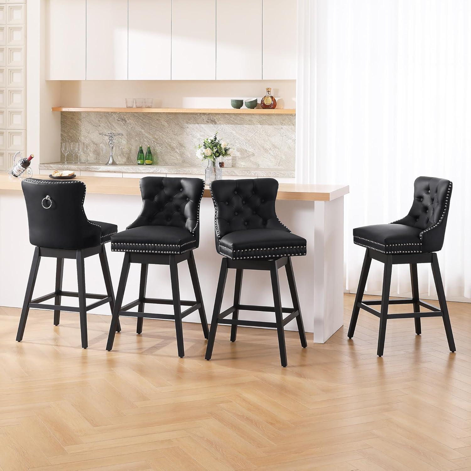 Dycanpo 26'' Swivel Bar Stools Set of 2, Upholstered Barstool with Footrest for Kitchen,Black-Faux Leather