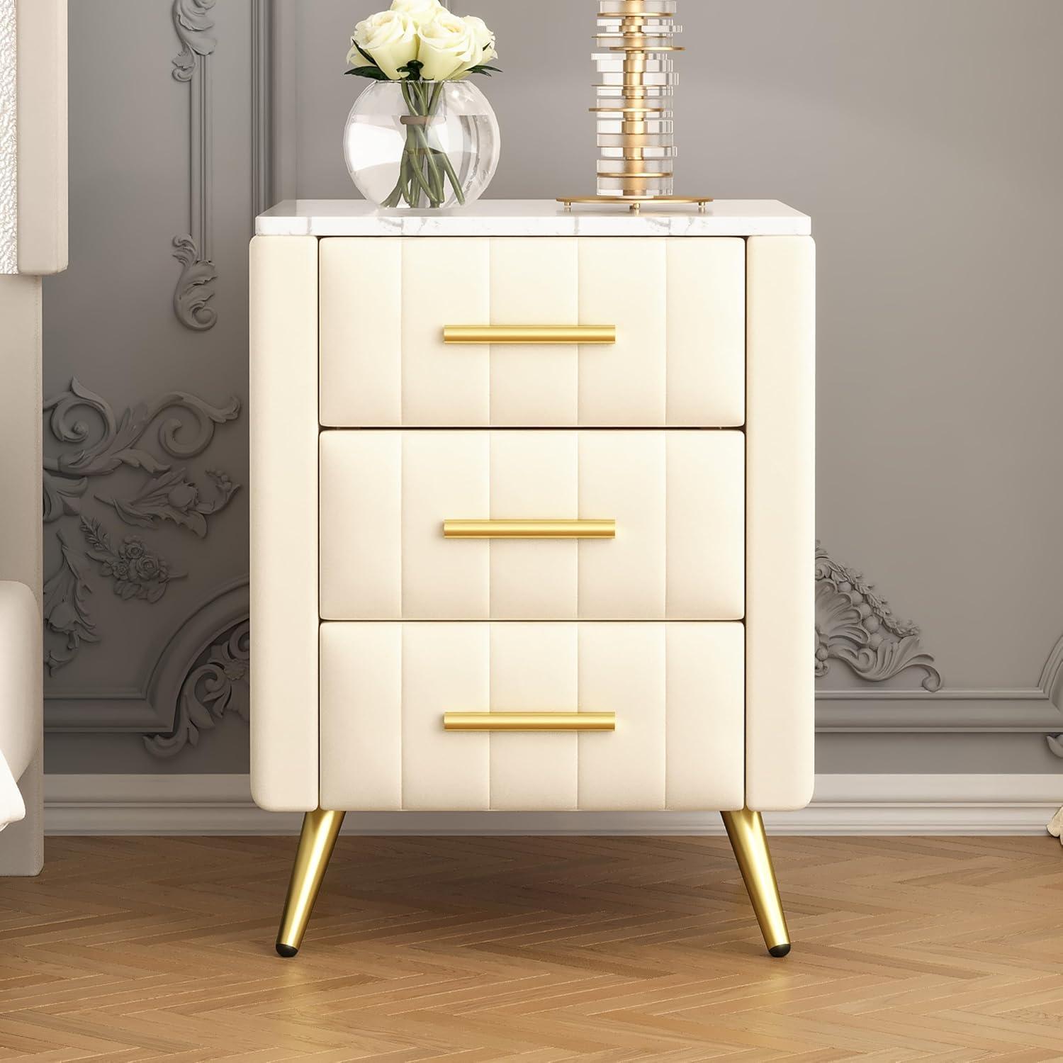 Churanty Upholstered Wooden Nightstand with 3 Drawers and Metal Legs & Handles,Bedside Table with Marbling Worktop,Beige