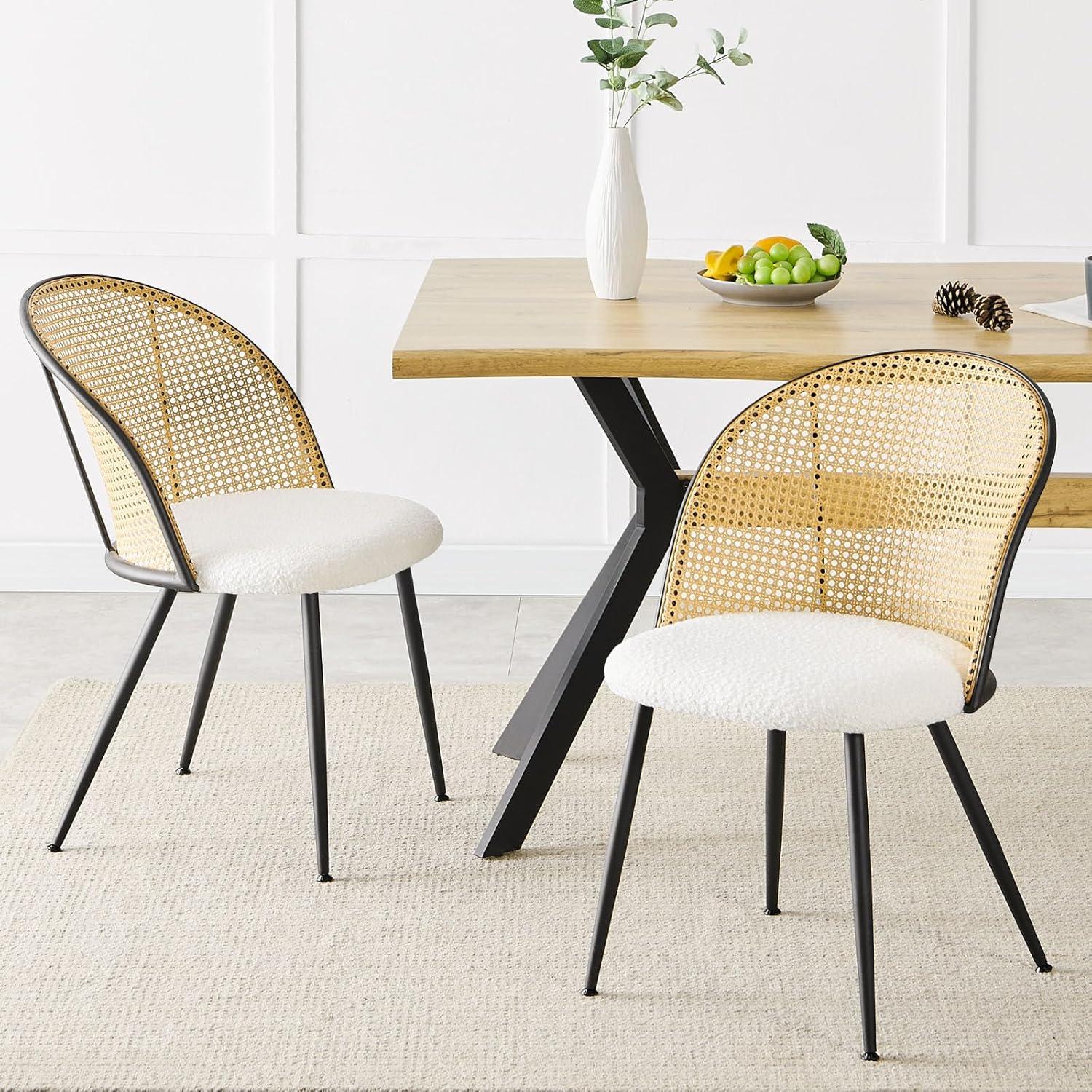 Lucky Monet Modern Upholstered Rattan Dining Chairs Set of 2/4 Set of 2 - PU-White-Natural Back