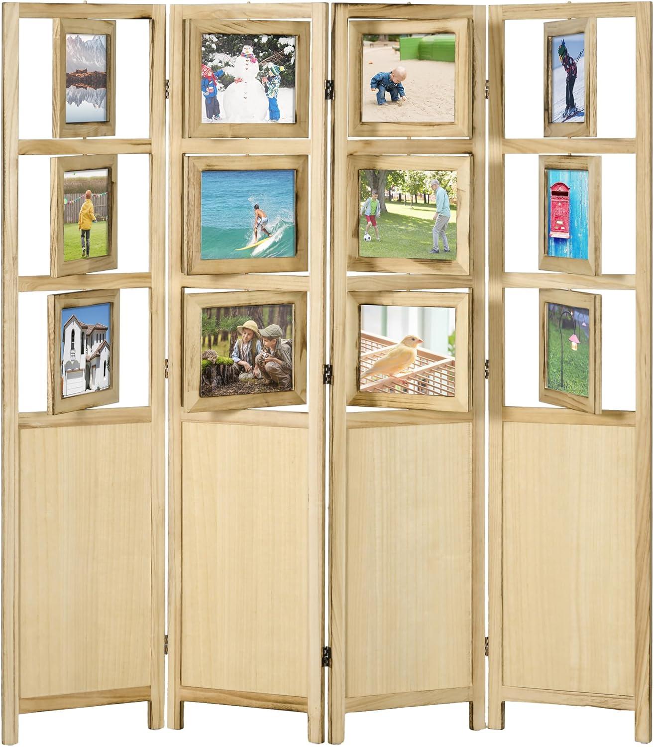 4 Panel Room Divider, 5.6' Indoor Wood Portable Folding Privacy Screens with Photo Frames and Cardstocks, Hinged Freestanding Partition Wall Dividers for Home Office, Natural