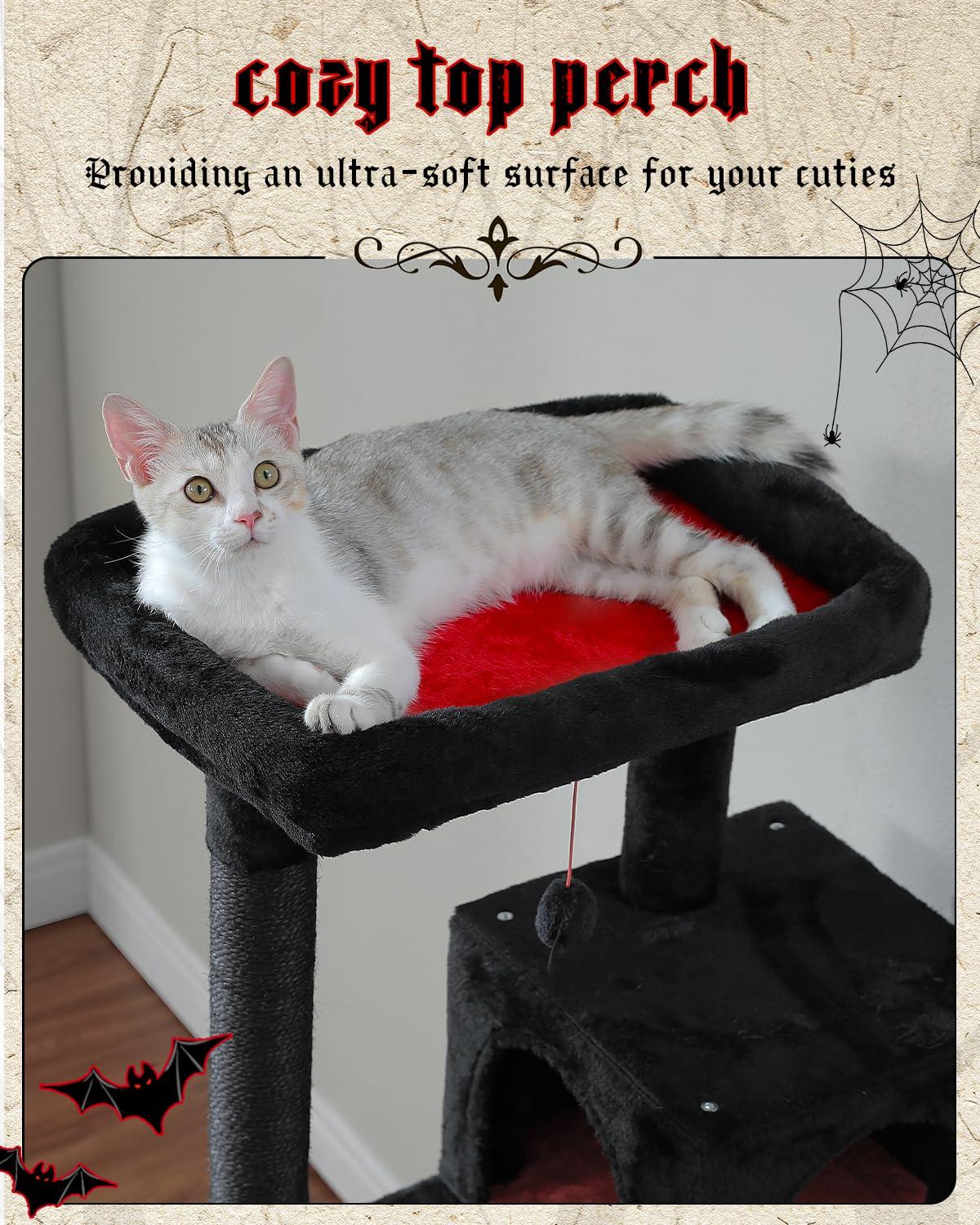 Gothic Cat Tree With Super Large Hammock, Cat Tower With Coffin Bed, Cat Condo, Sisal Scratching Posts & Top Perch, Multi-Level Goth Cat Tree, Halloween