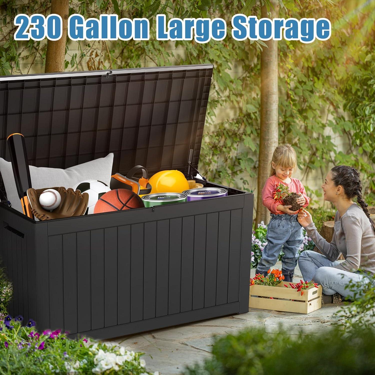 Large 230 Gallon Resin Deck Box, Lockable Outdoor Storage Box for Patio Furniture, Garden Tools and Tools Storage, Waterproof and UV Resistant Outside Storage Box Bench, Black