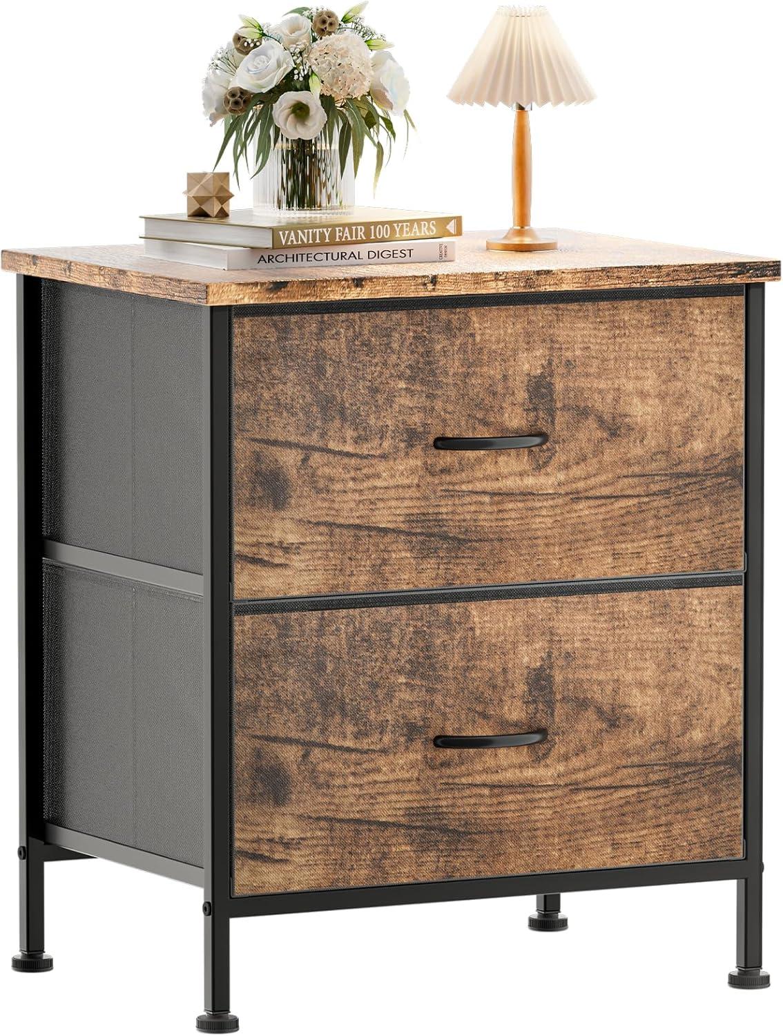 Nightstand with 2 Drawers, Night Stand Dresser for Bedroom, Small Dresser with Fabric Bins, Leather Finish, Modern Bedside Table End Side Table for Living Room, Dorm, Closet, Nursery, Brown