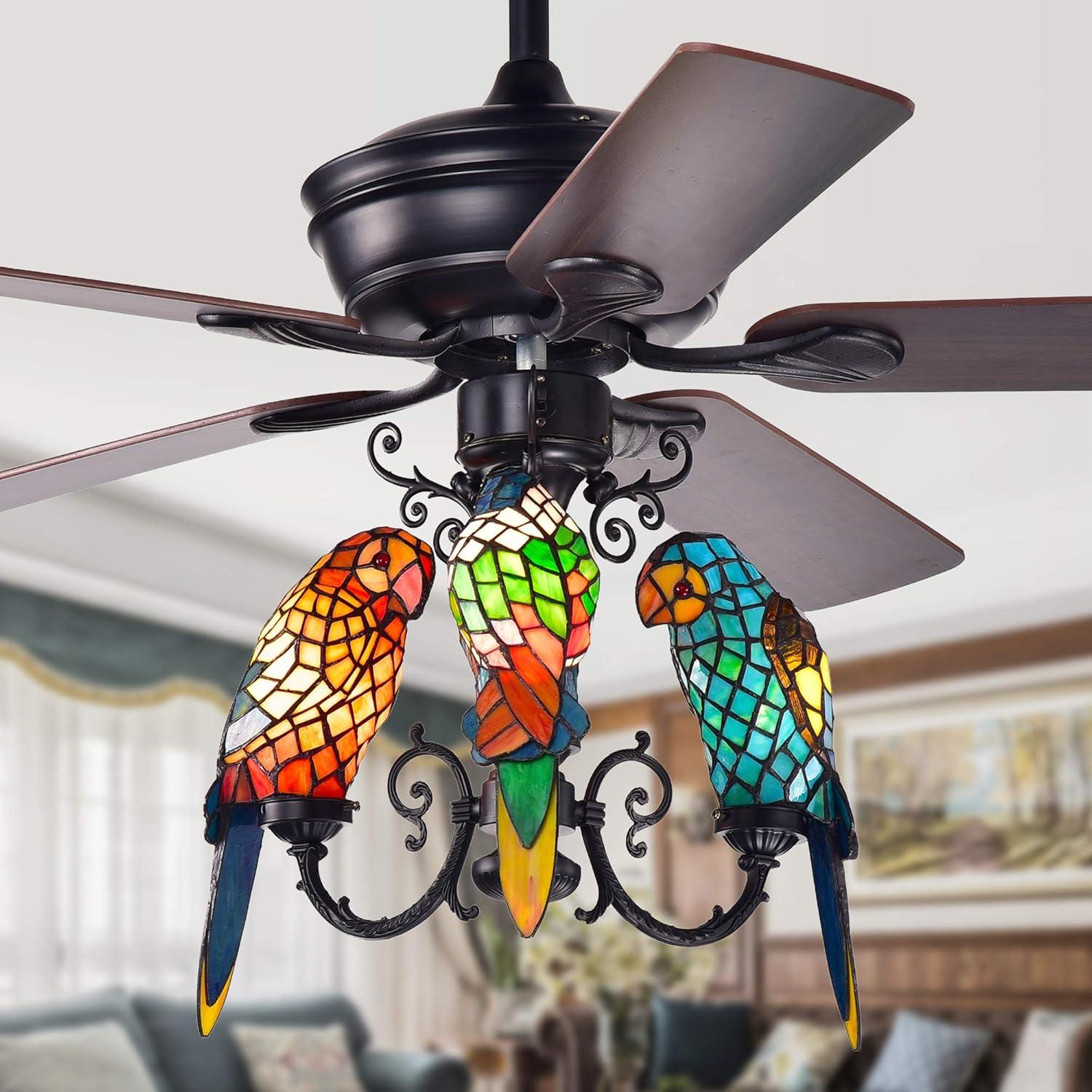 Korubo 3-light 52-inch Lighted Ceiling Fan Tiffany Style Parrot Shades (remote controlled)