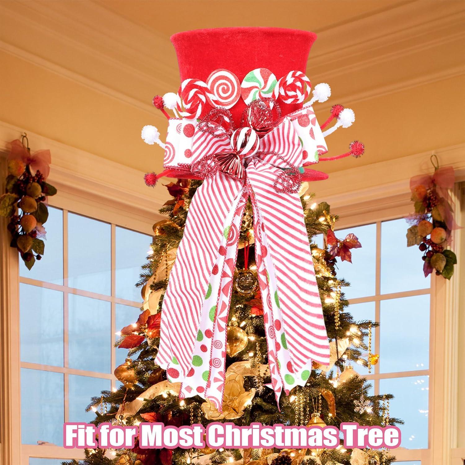 Xchenda Christmas Tree Topper Large Red Tree Topper Hat with Candy Peppermint Bows Ribbon Ornament Top Hat for Home Holiday Tree Decoration Xmas Gift