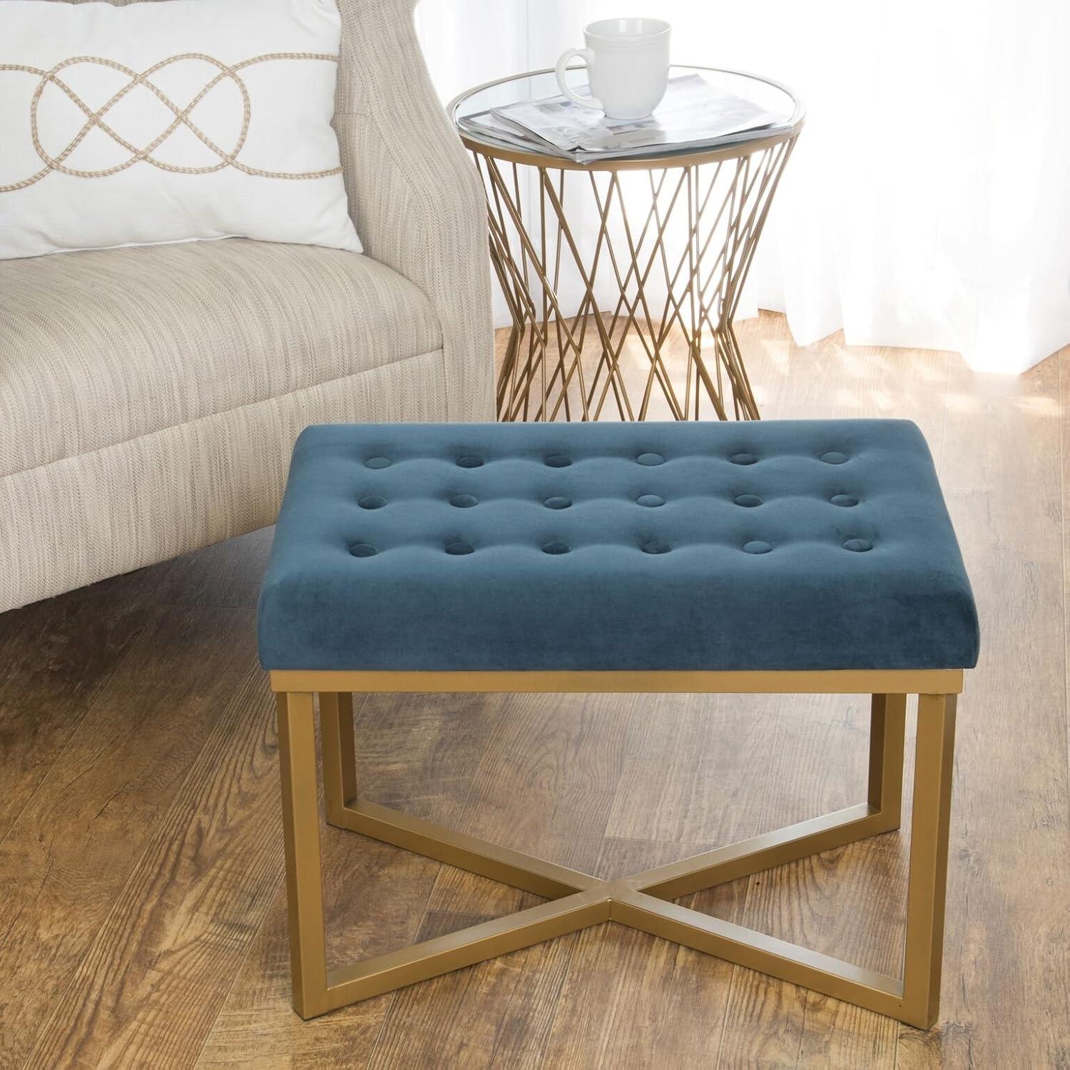 Blue Tufted Velvet Ottoman Bench with Gold Metal Base