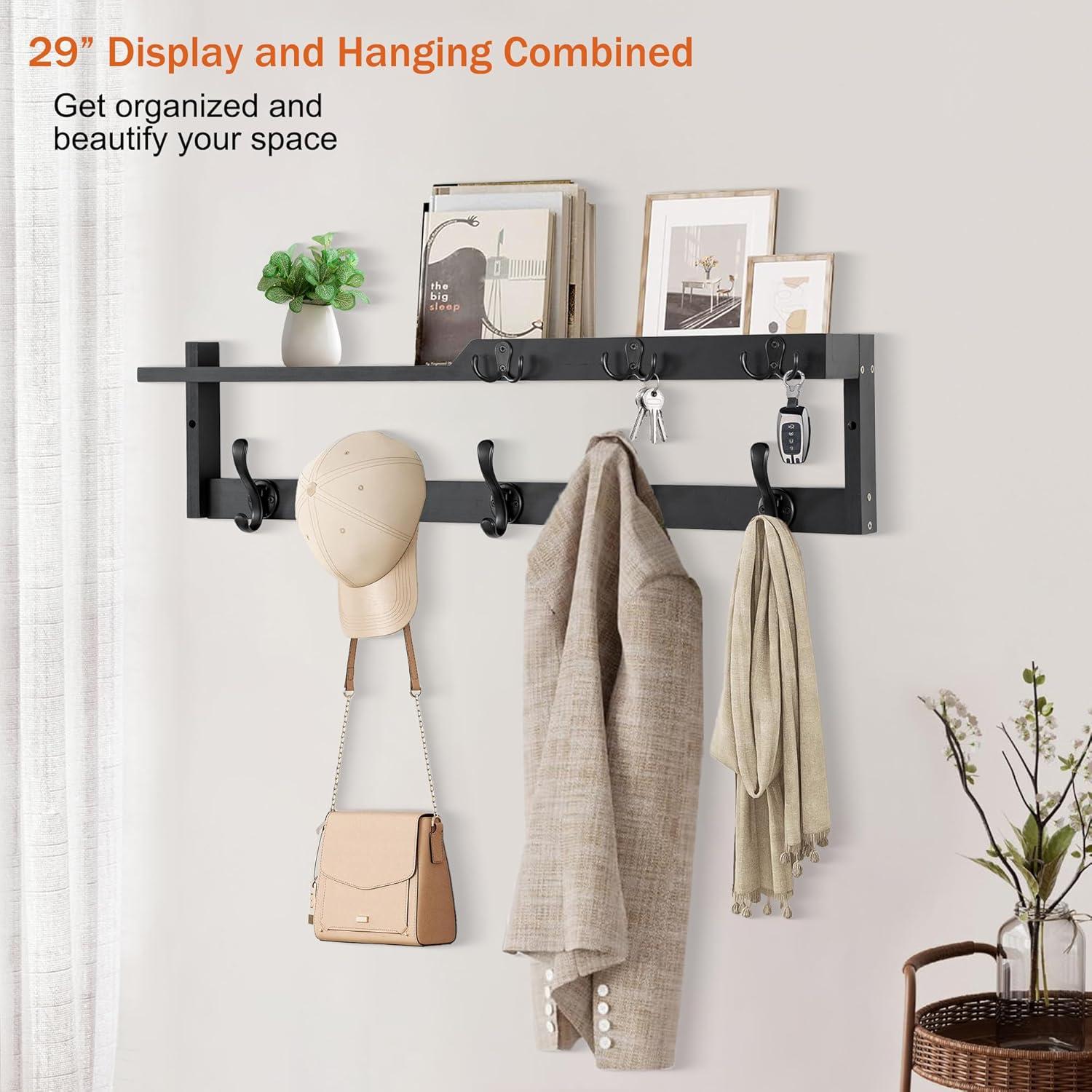 Black Wood Wall Mount Coat Rack with Shelf and 5 Hooks