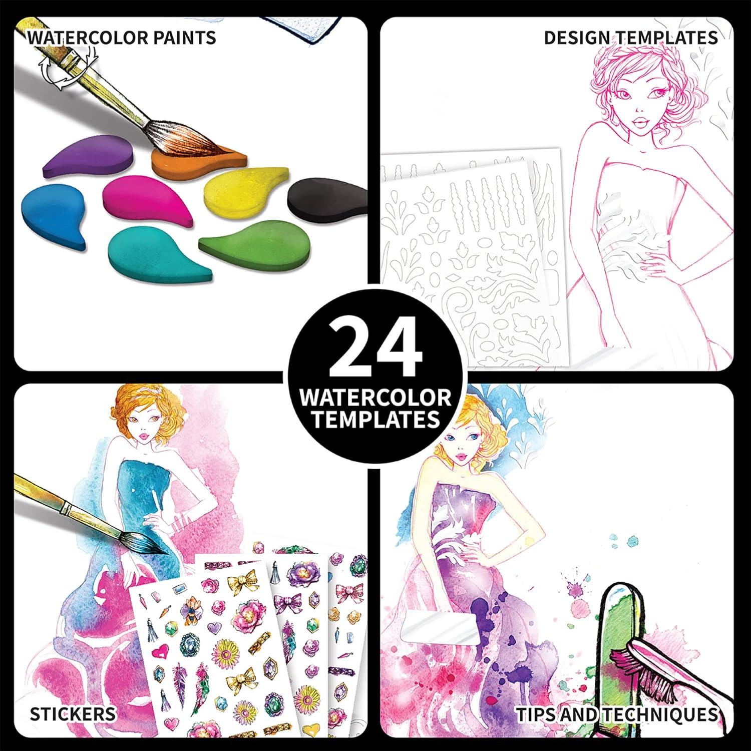 Style Me Up: Fashionista, Watercolor Painting Kit, Includes 24 Templates, Detailed Booklet Teaches Kids Basics of Watercolor Painting, For Ages 8 and up