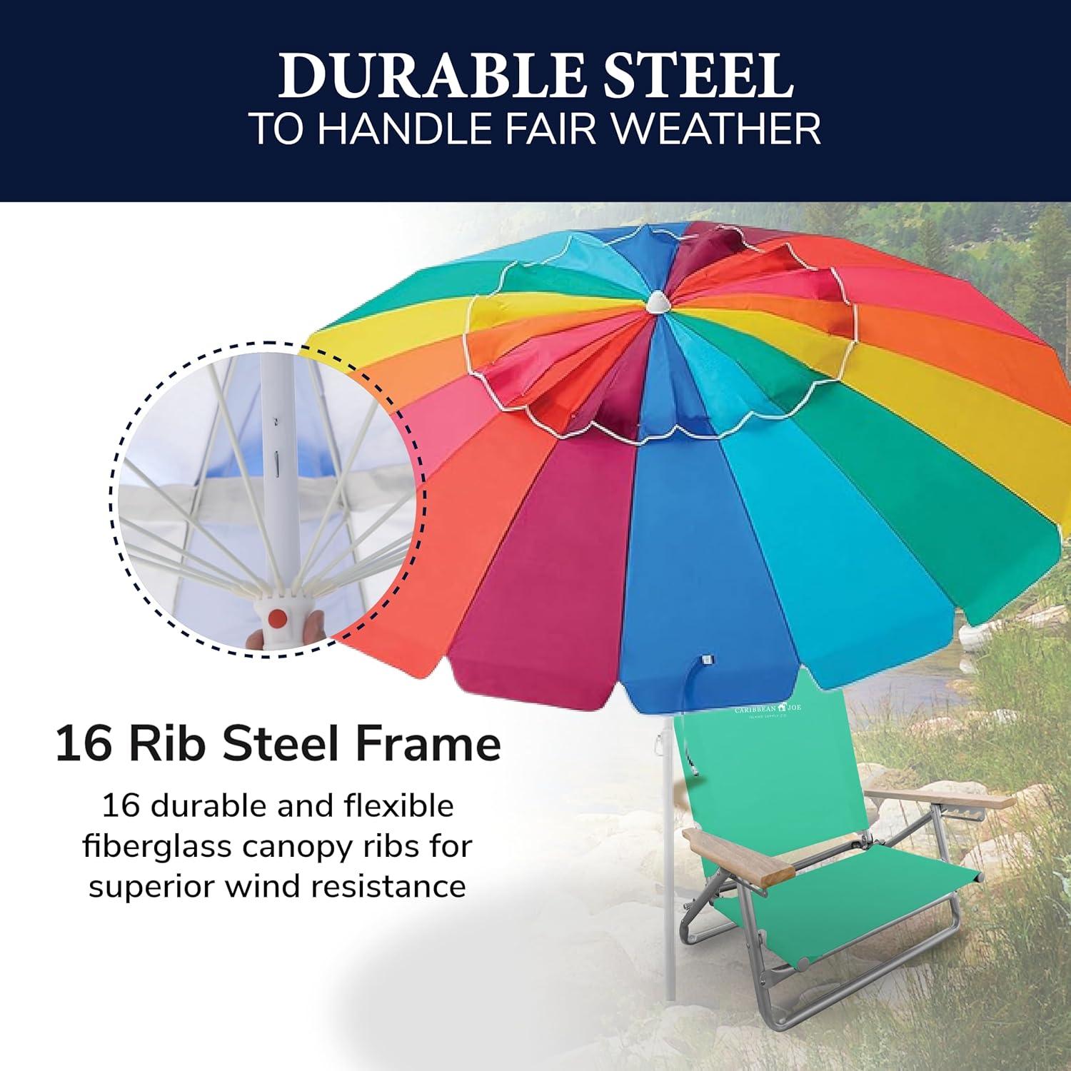 Caribbean Joe 8ft Beach Umbrella with UV Protection, Vented Canopy