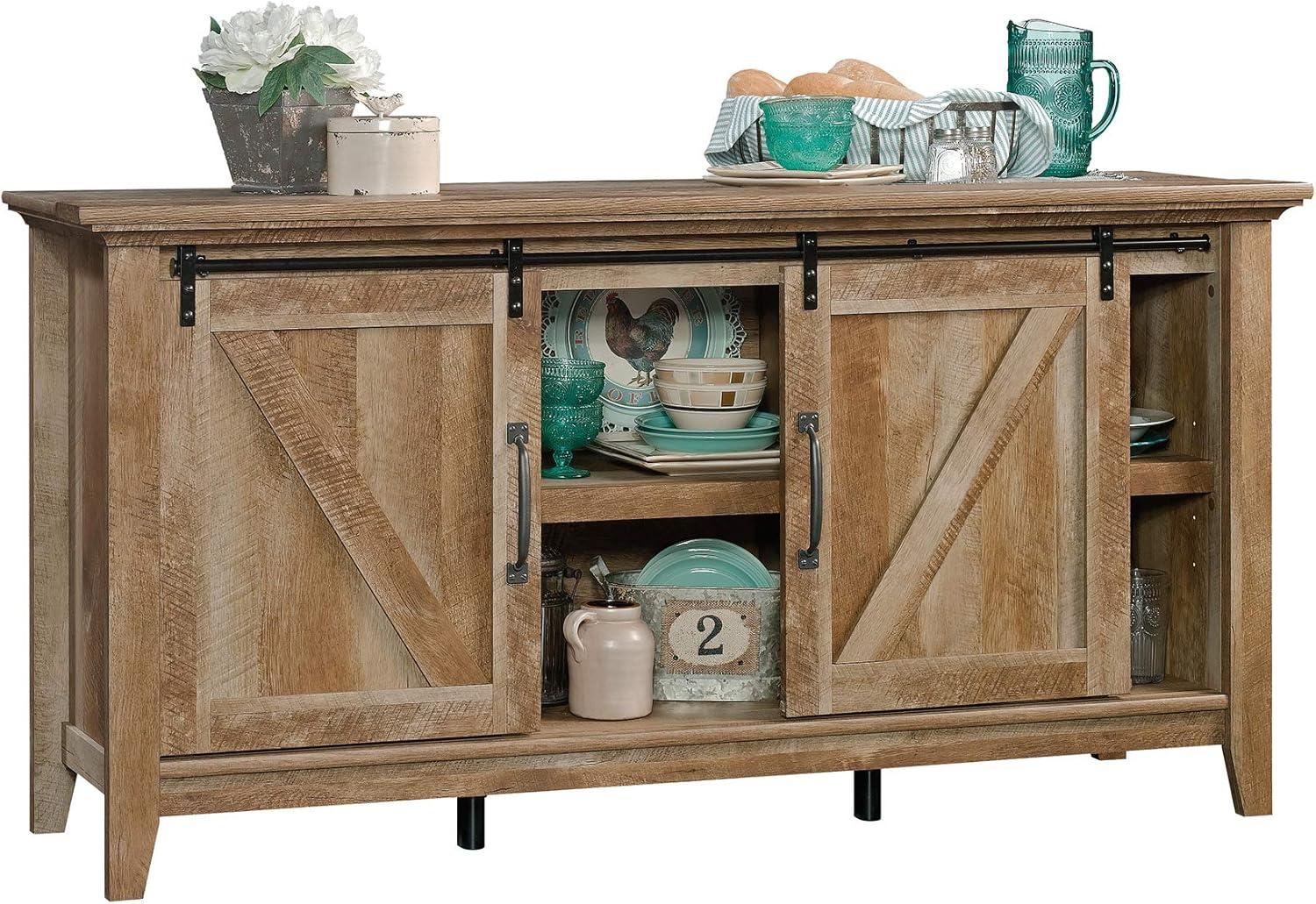 Dakota Pass TV Stand for TVs up to 70" Dark Brown - Sauder: Craftsman Oak Finish, Sliding Doors, Adjustable Storage