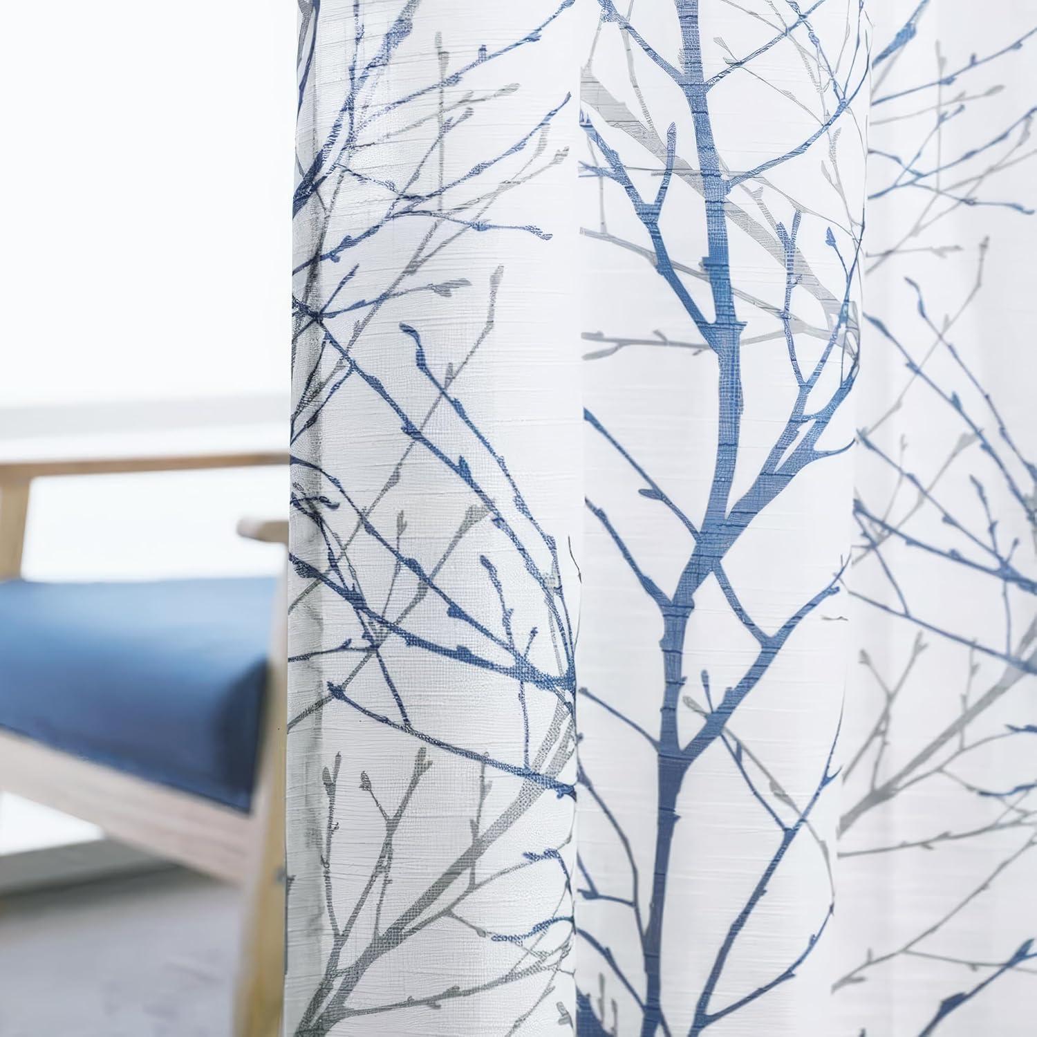 Gray and Blue Tree Branch Sheer Grommet Curtain Panels