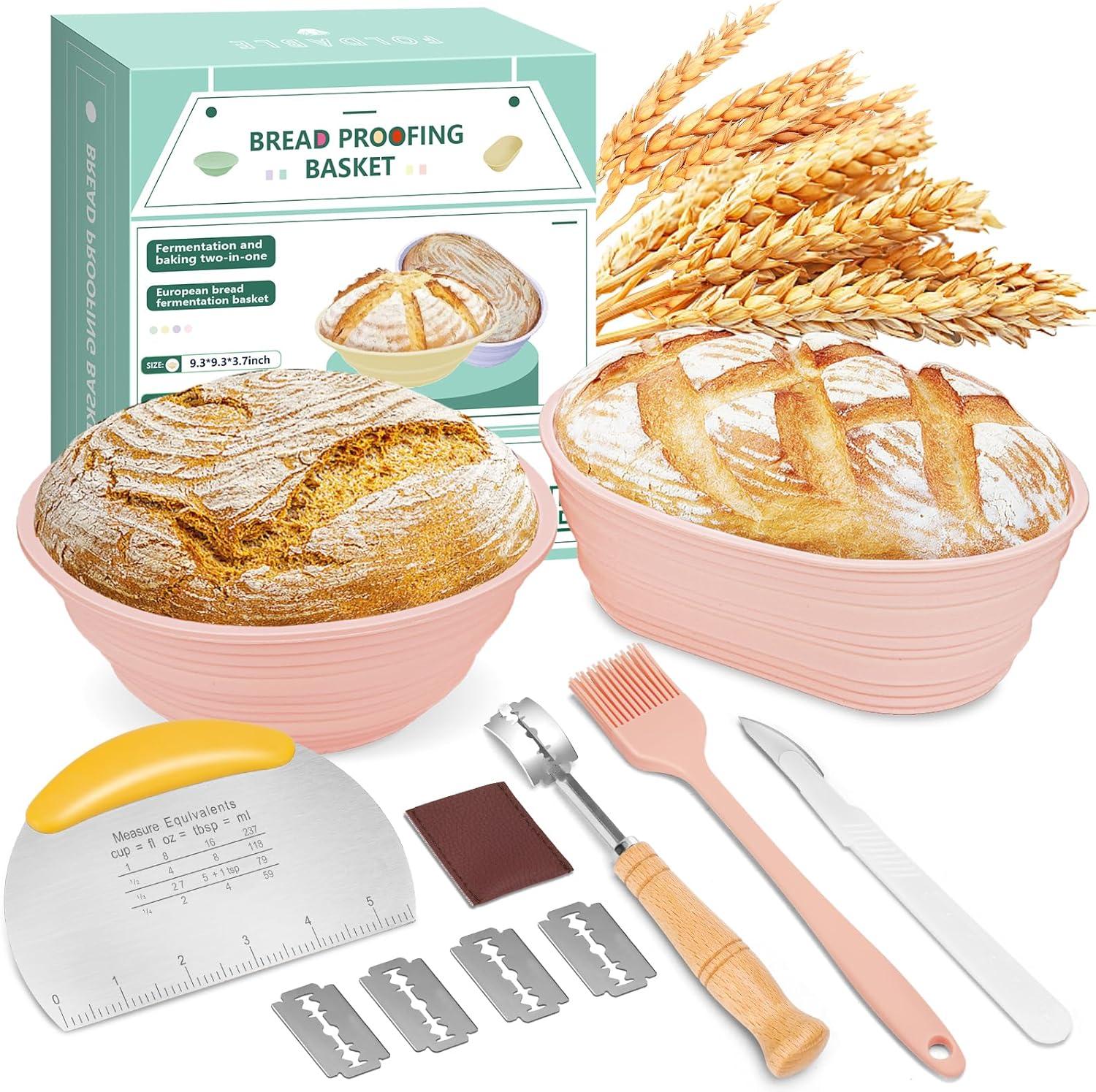 Premium Banneton Bread Proofing Basket Set of 2 - Silicone Sourdough Starter Kit 10 Inch Oval & 9 Food Grade Silicone Material Practical Bread Making Starter Kit