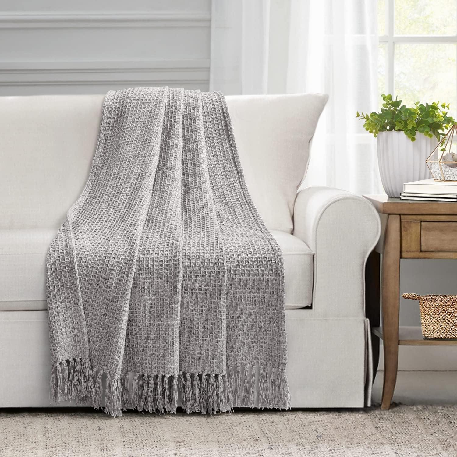 Light Gray Cotton Waffle Knit Throw Blanket with Tassels