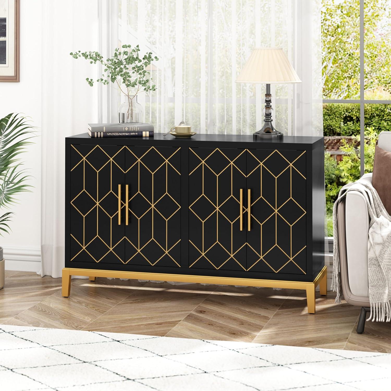 HLR Black Accent Cabinet with Gold Trim, Storage Cabinet with 4 Doors, Modern Wooden Sideboard