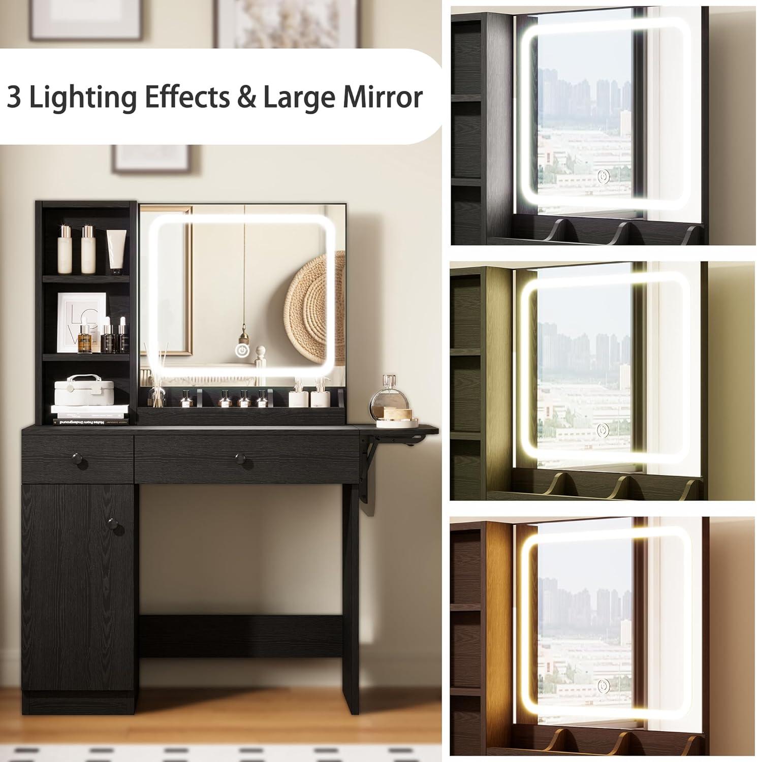 Black Iron Vanity Desk with LED Mirror and Storage Bench