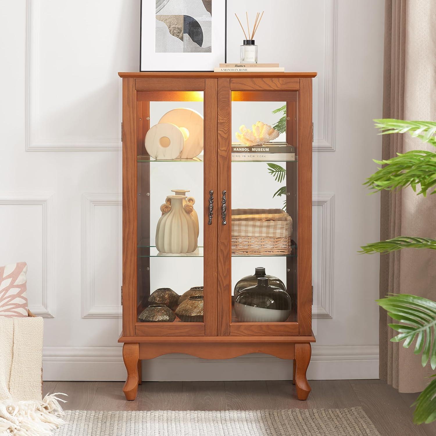 Oak Curio Cabinet with Glass Doors and Adjustable Shelves