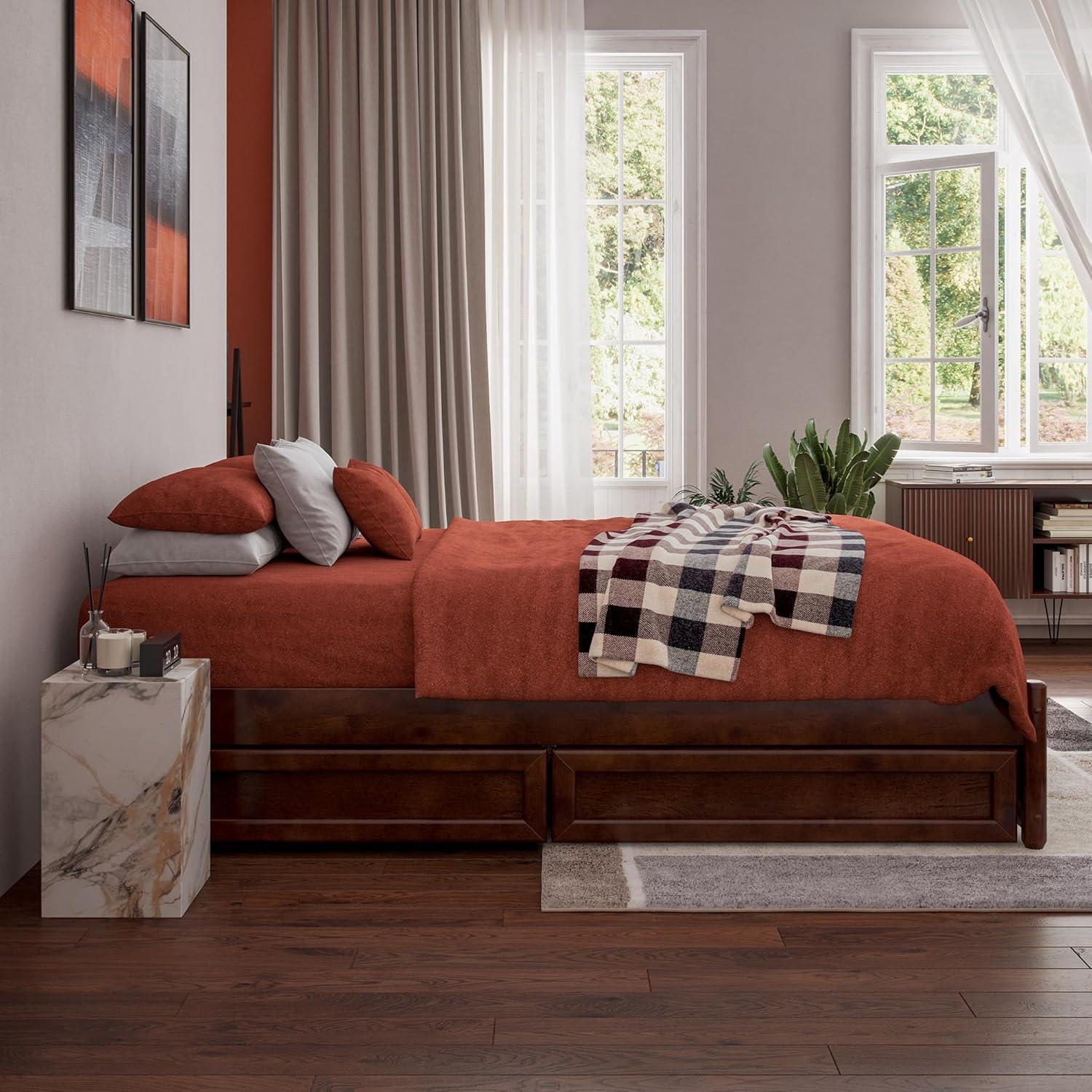 Barcelona Full Solid Wood Panel Platform Bed with Storage Drawers in Walnut