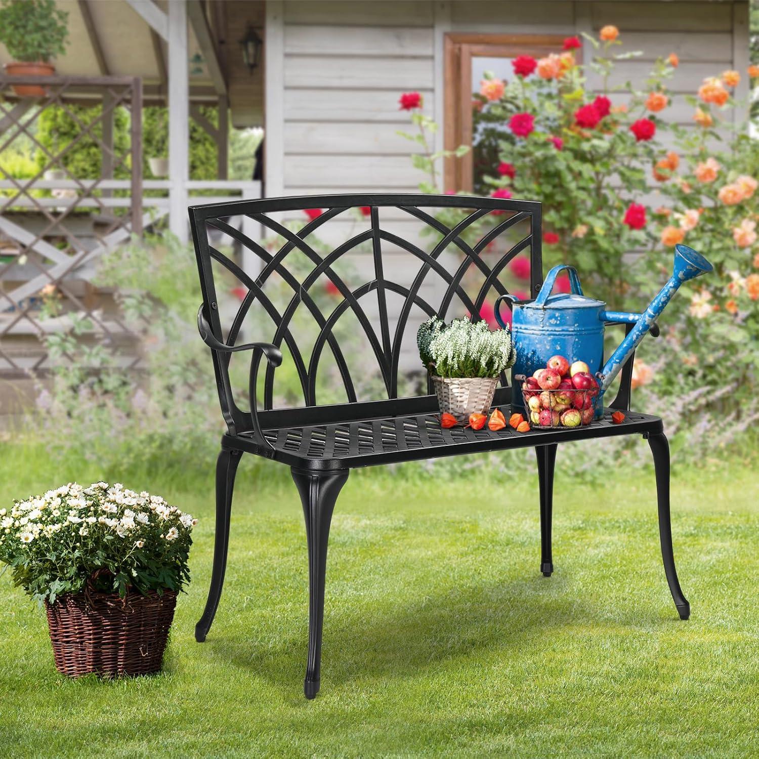 VINGLI 38" Outdoor Garden Orchid Bench, Black Cast Iron Cast Aluminium Solid Frame，Accented Yard Front Porch Patio Outside Park Decor Deck Furniture for 1-2 Person Seat