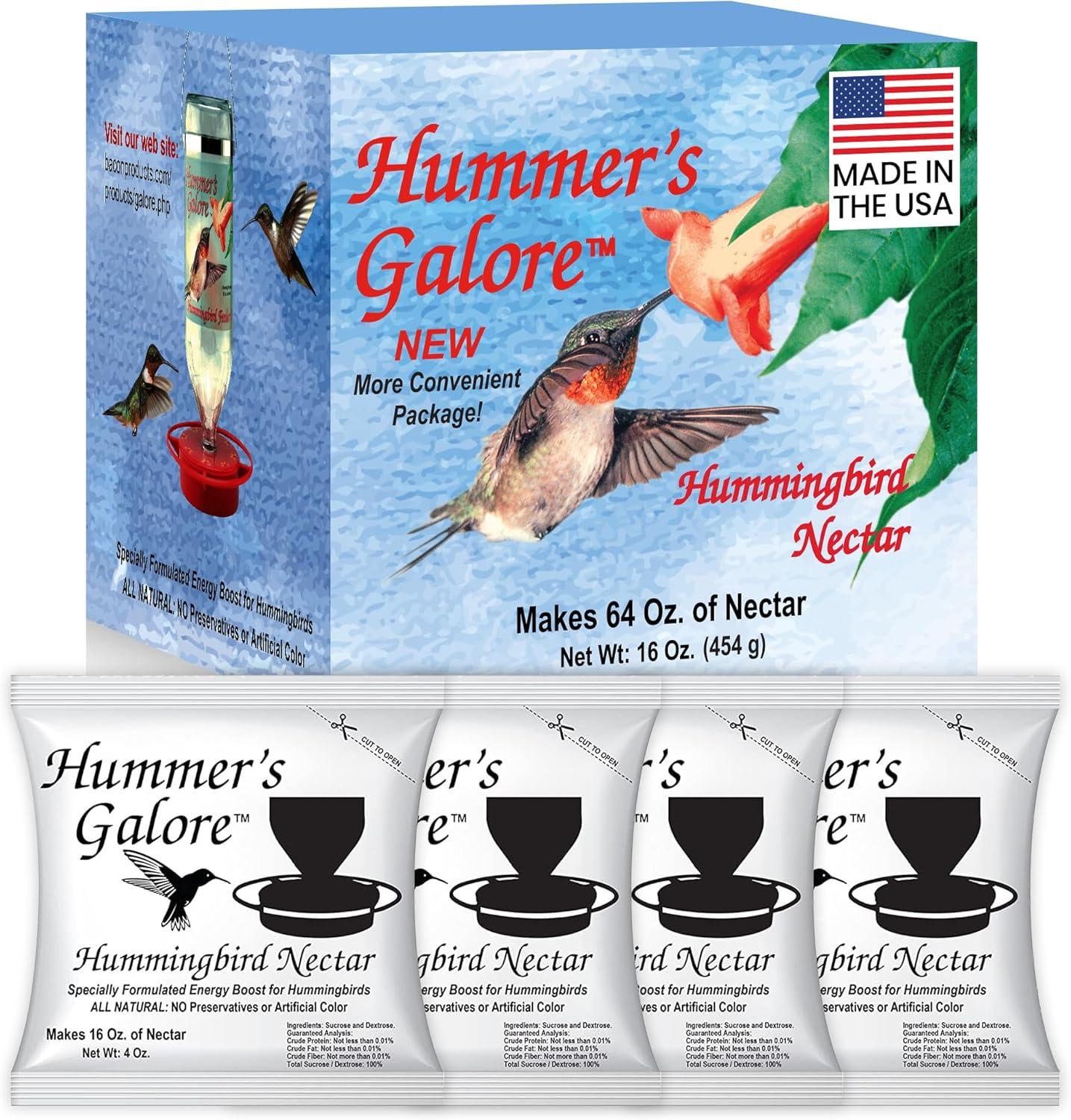 Hummer's Galore Hummingbird Food - Ready-to-Mix Hummingbird Nectar, All-Natural Nectar Collector Formula, No Preservatives or Dyes, Makes 64 Ounces (4 Packets Included)