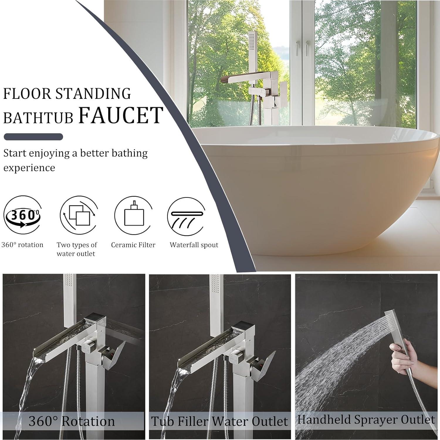 Waterfall Tub Filler Freestanding Bathtub Faucet Floor Mount Brass Single Handle Bathroom Faucets with Hand Shower