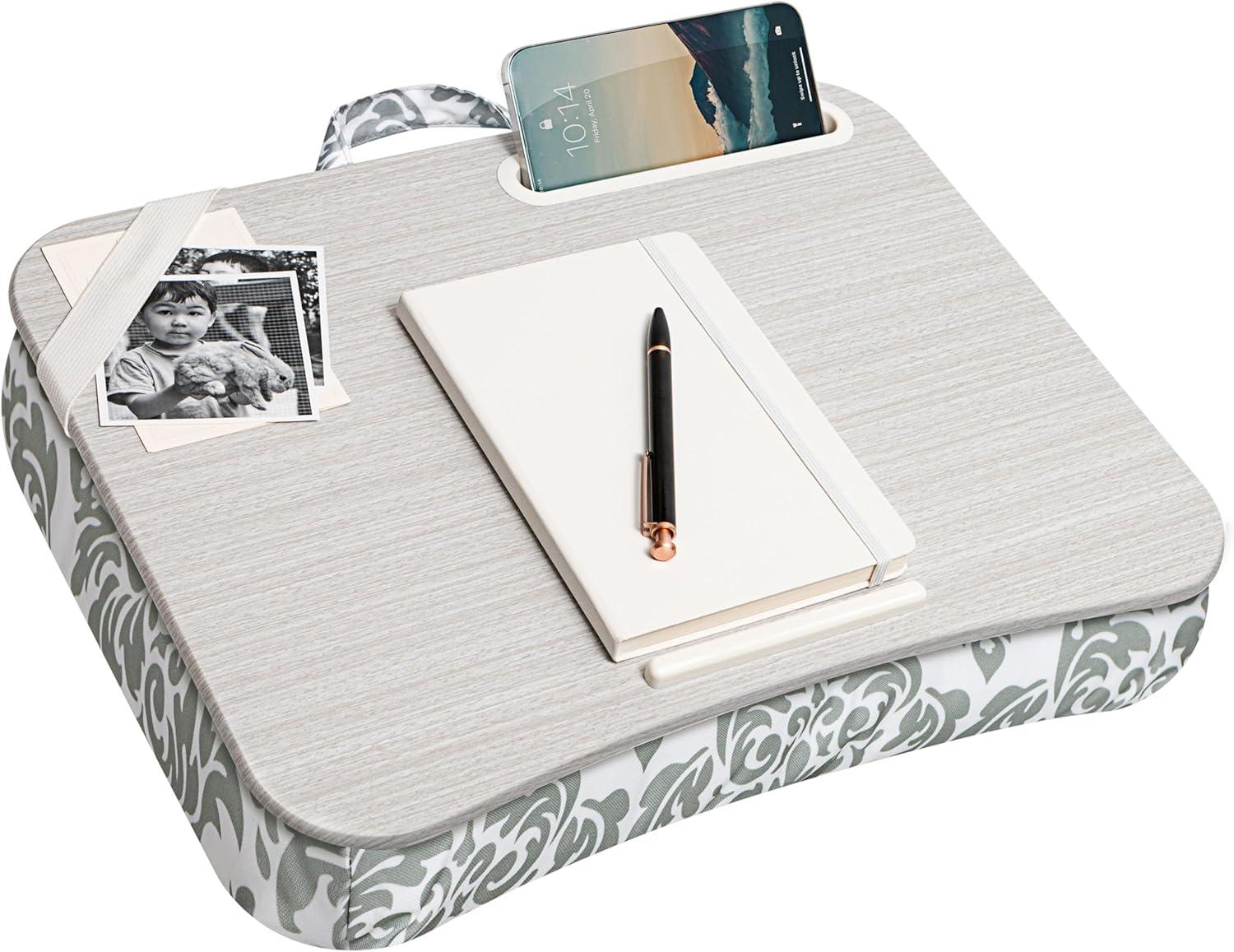 Gray Damask Polyester Lap Desk with Phone Holder