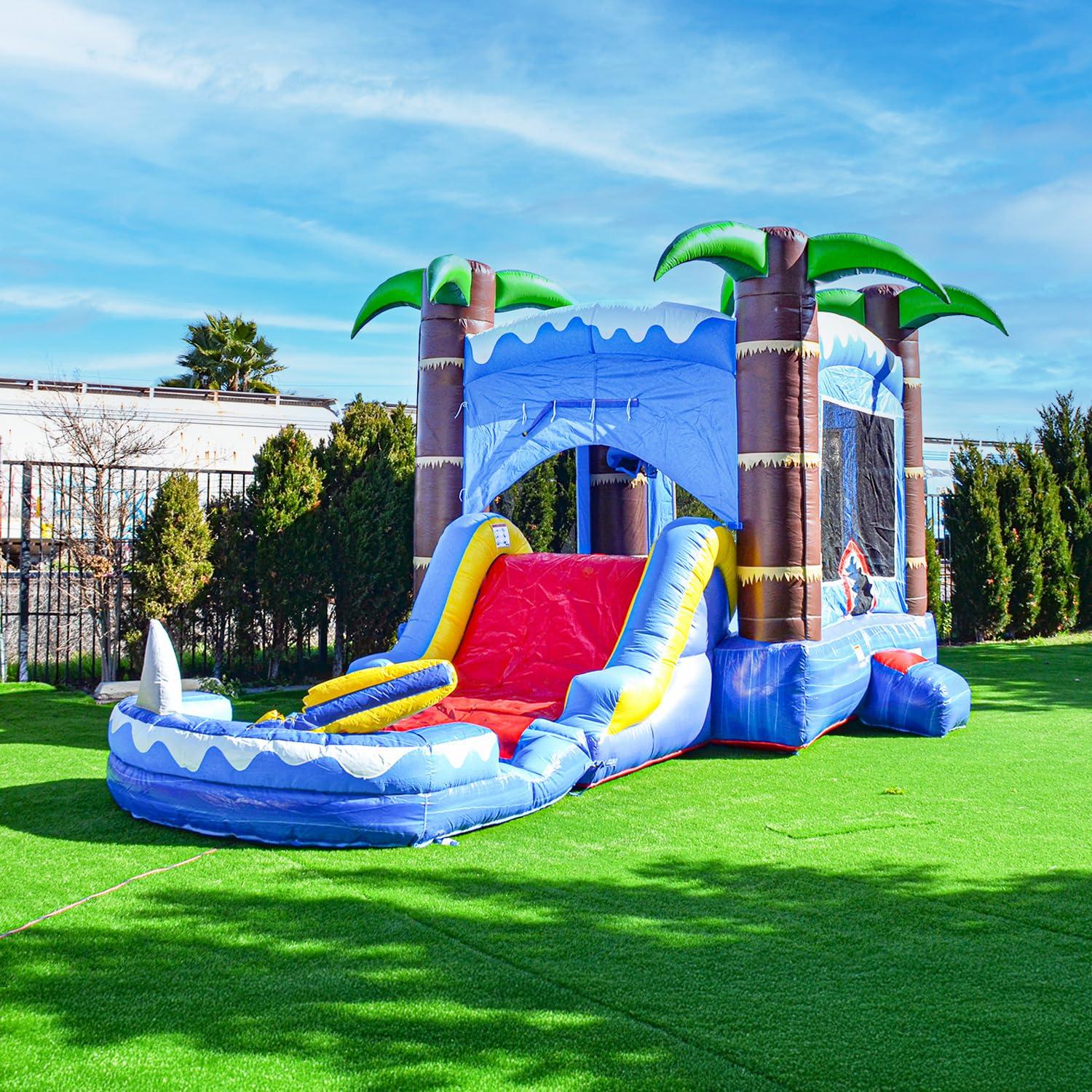 HeroKiddo Ocean Shark Commercial Grade Bounce House Water Slide with Splash Pool for Kids and Adults (with Blower), Basketball Hoop, Outdoor Indoor, Wet Dry Combo, Big Inflatable, Rental Quality