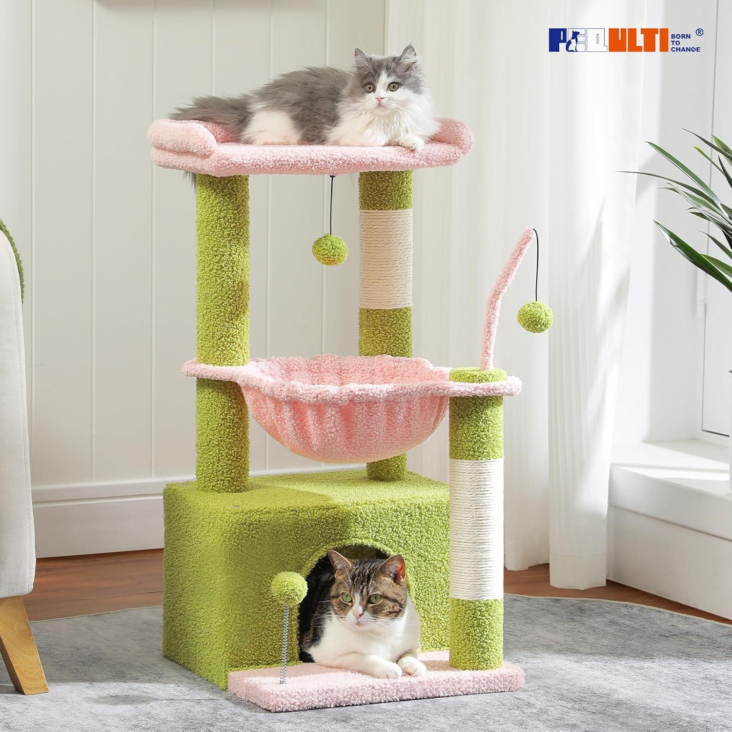 PEQULTI 4-In-1 Multi-Level Cat Tower, 33'' Pink Cat Tree For Indoor Cats With Large Cat Condo, Cat Scratching Post For Cats With Deep Hammock& Cozy Top Perch