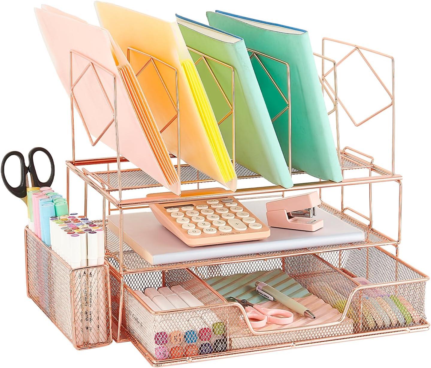 Desk Organizers and Desk Accessories - Rose Gold Desk Organizer with File Sorters, File Organizer with Drawer, Desk Accessories & Workspace Organizers for School Office Supplies