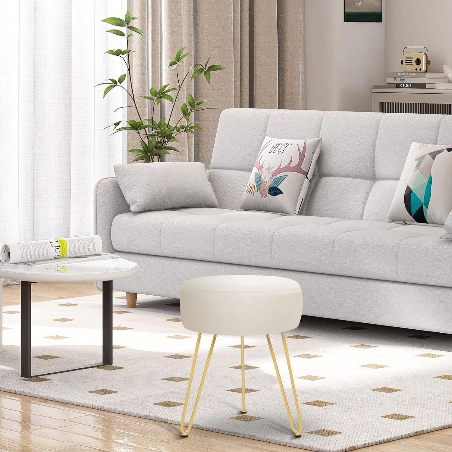 GERANT Multifunctional Vanity Stools - Velvet Round Ottoman Modern Dressing Stool -Upholstered Footrest Stool - Side Table Footstool with Golden Metal Leg for Living Room, Bedroom(Beige)