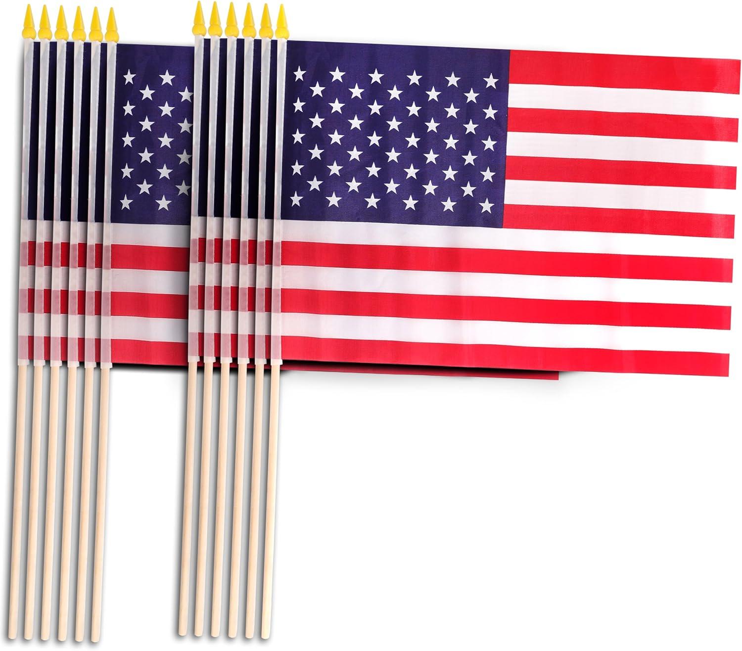 12-Pack Small Patriotic American Flags with Plastic Poles