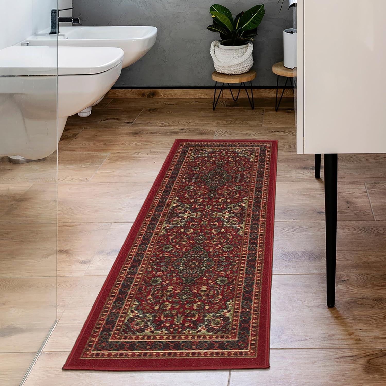 Elegant Red Oriental Runner Rug with Non-Slip Rubber Backing, 59"L x 20"W