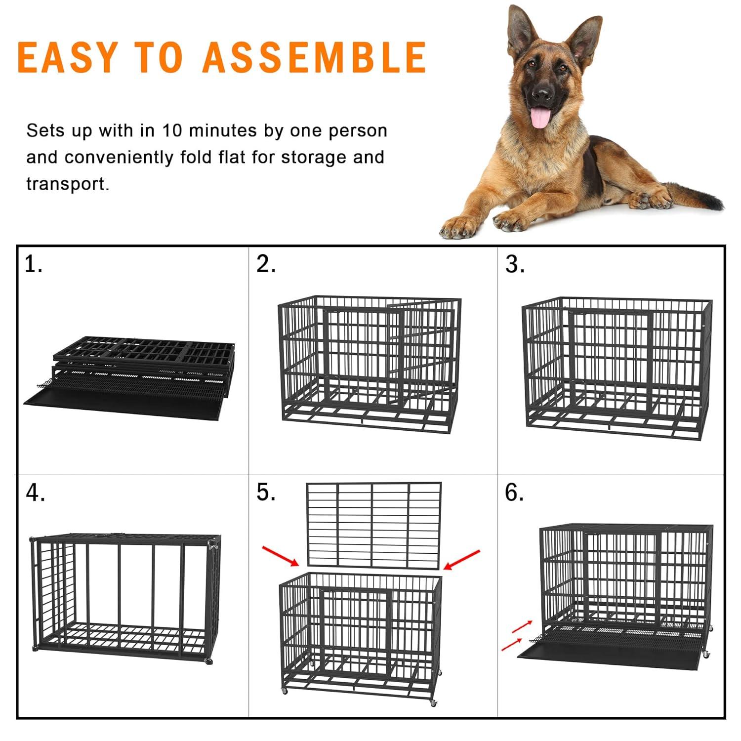 Boldbone 48/38 inch Heavy Duty Indestructible Dog Crate Cage Kennel for Large Dogs, High Anxiety Dog Crate with Removable Crate Trays, Wheels and Double Door, Extra Large XL XXL Escape Proof Dog Crate