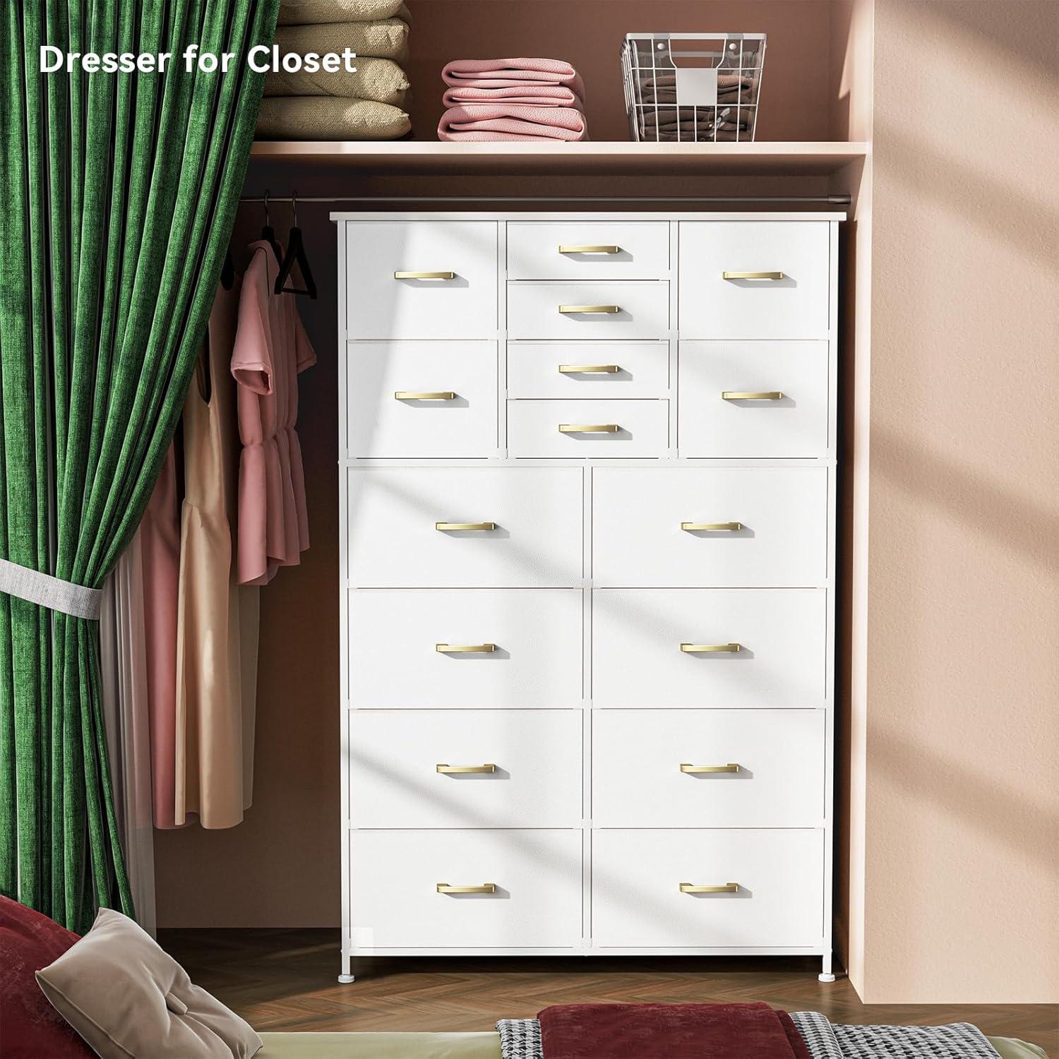 White Tall 16-Drawer Fabric Dresser with Metal Frame