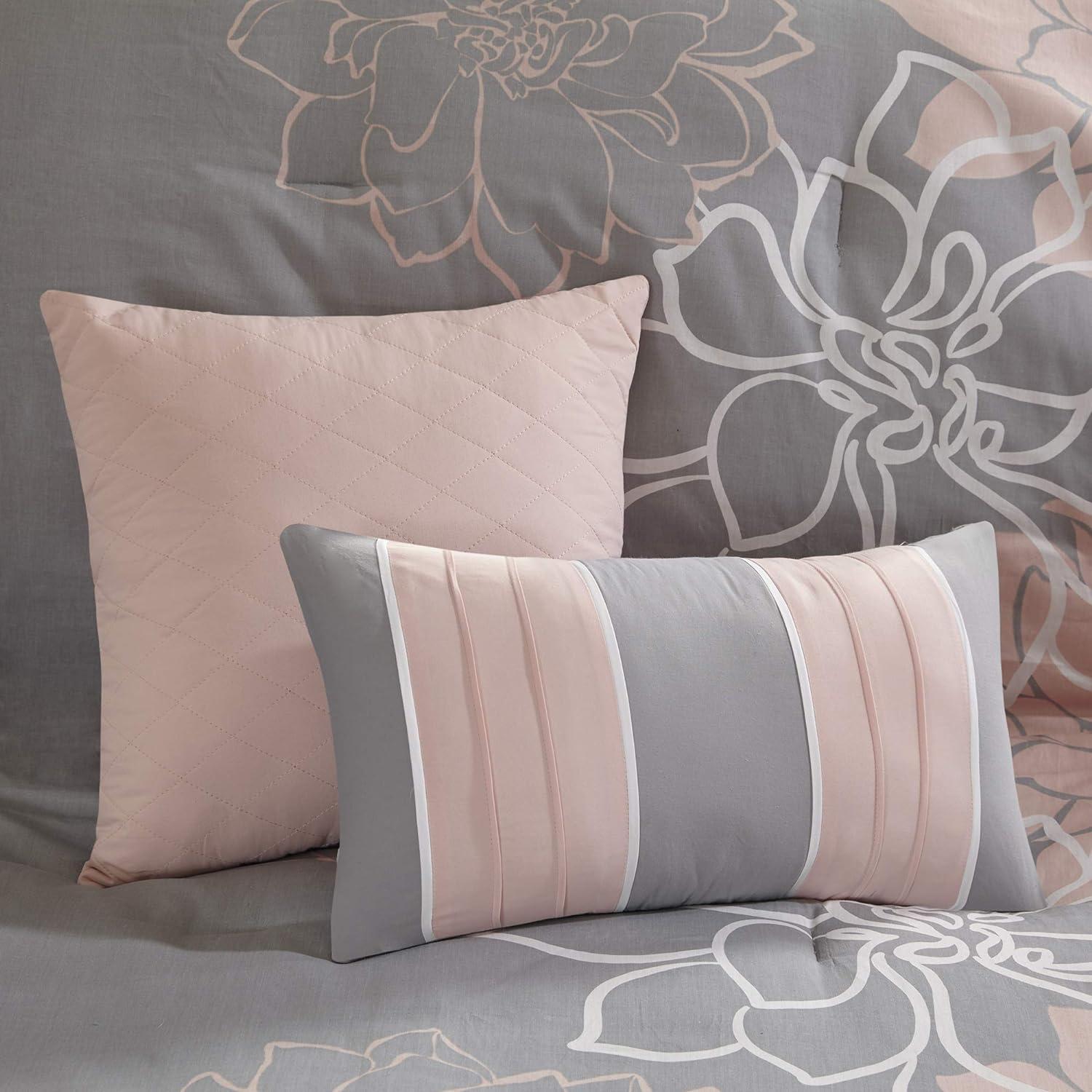 California King Gray and Blush Floral Cotton Comforter Set