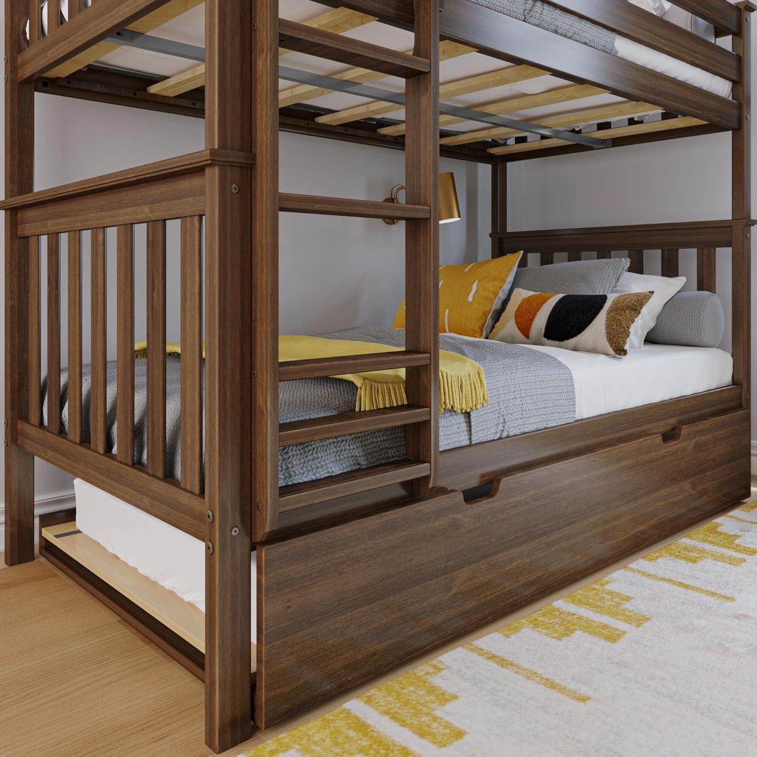 Walnut Twin Over Twin Bunk Bed with Trundle and Storage